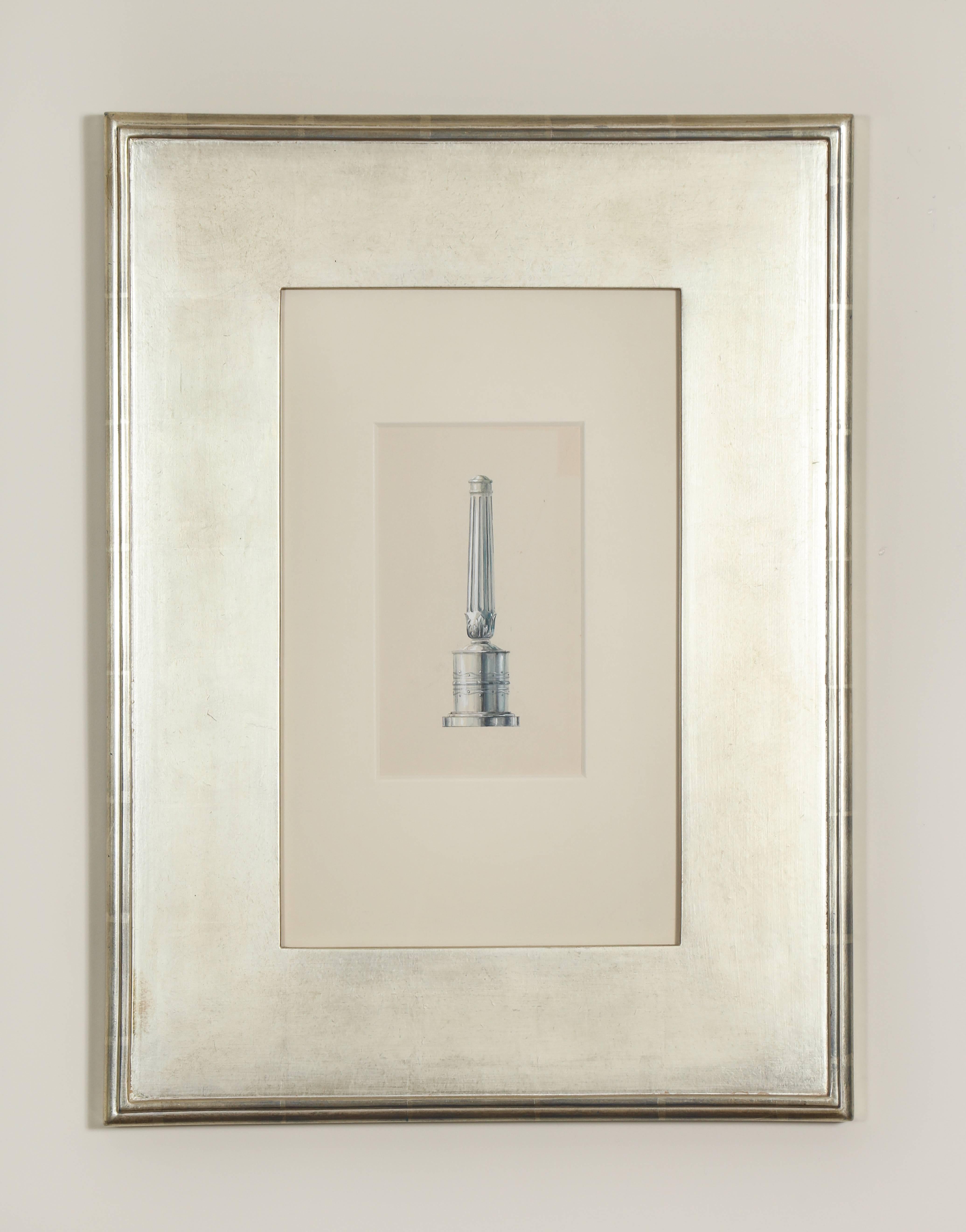 Gouache drawing of an architectural element, circa 1940 framed in a white gold water gilt and burnished cassetta style frame.
  