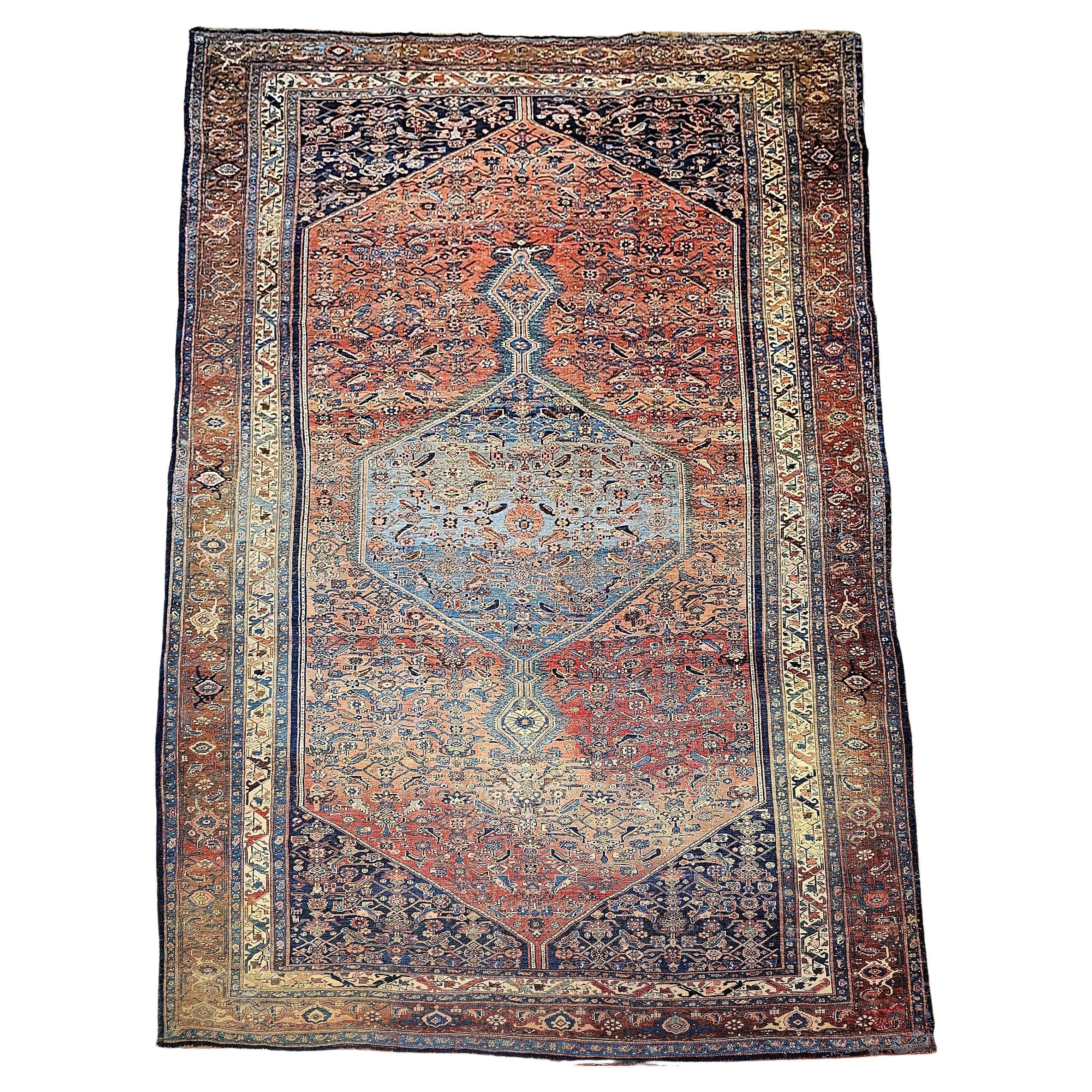 19th Century Oversize Persian Bidjar in Geometric Herati Pattern in Blue, Red For Sale