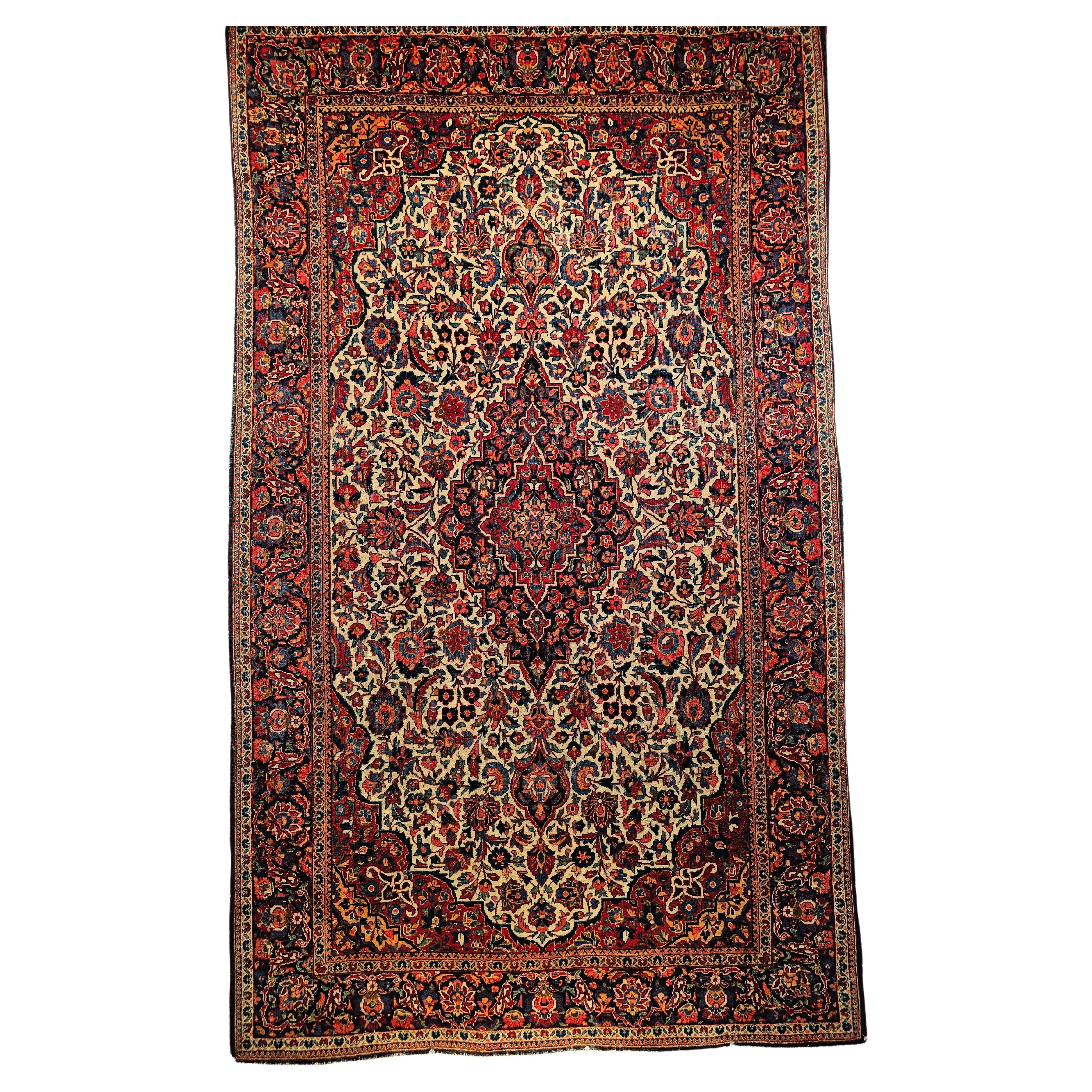 Early 1900s Persian Kashan in Floral Pattern in Navy Blue, French Blue, Red For Sale