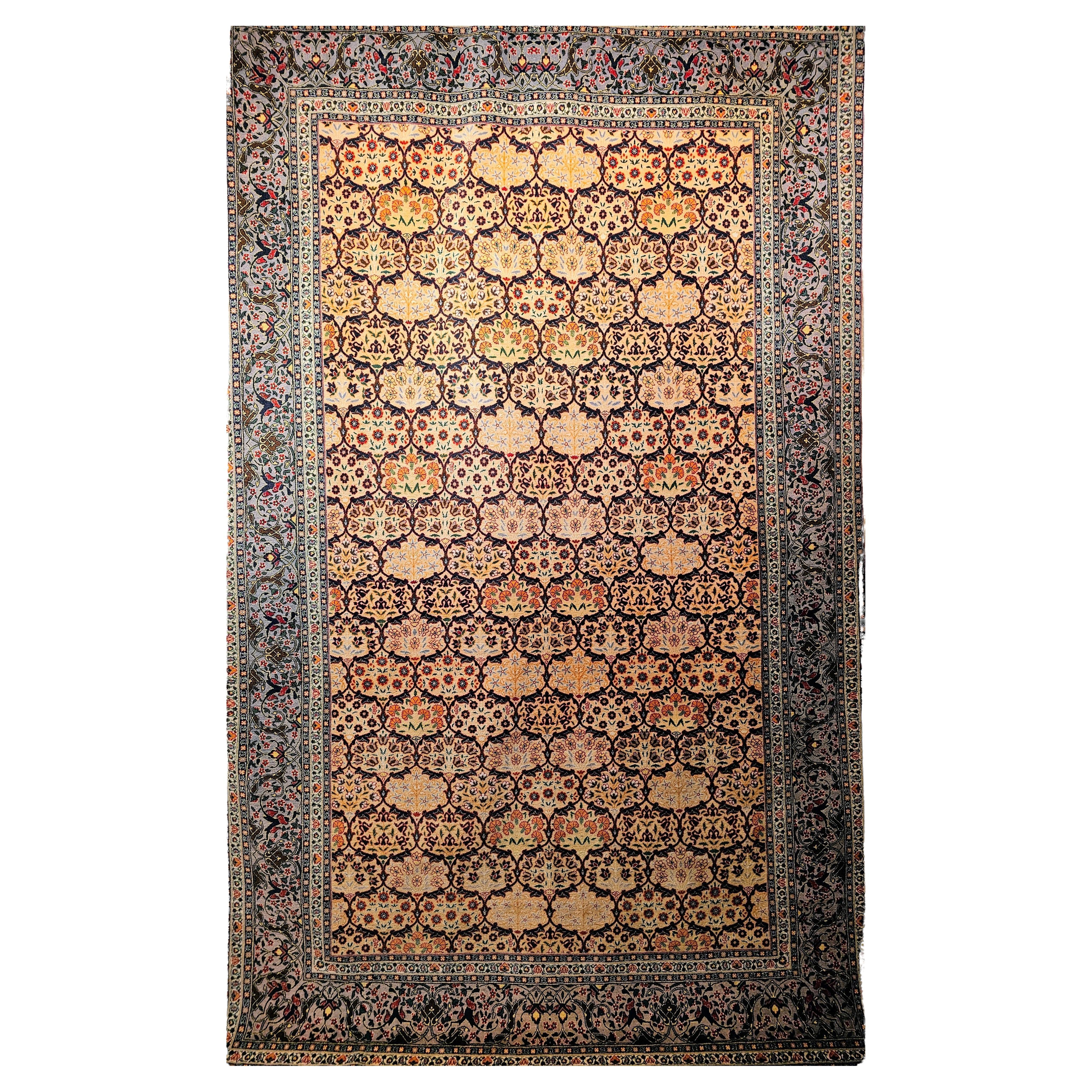 Vintage Turkish Hereke Rug in Allover Pattern in Yellow, Green, Mauve, Lavender For Sale
