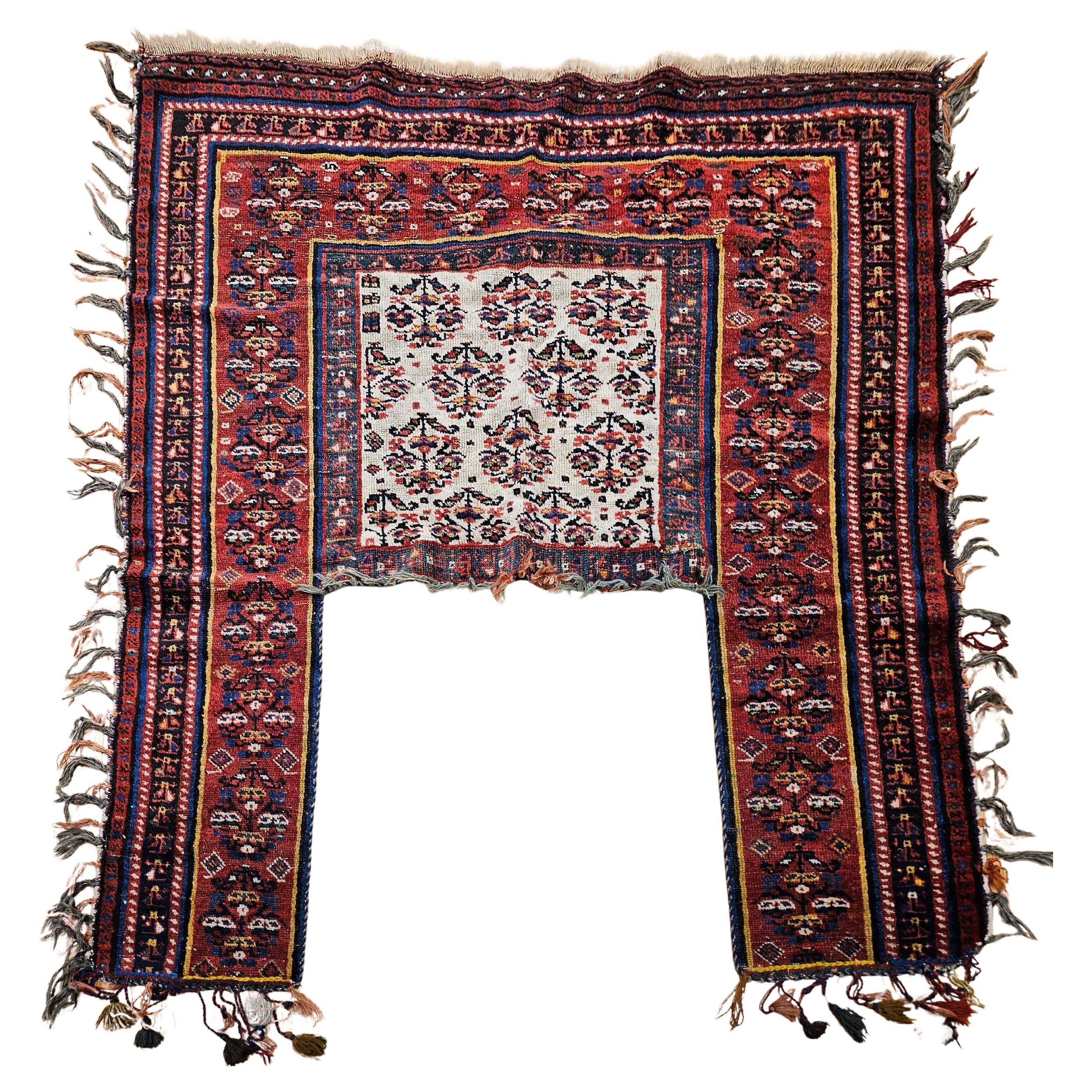 Vintage Persian Kurdish Saddle Blanket in Paisley Pattern in Ivory, Red, Green