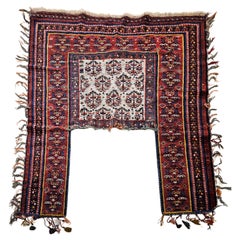 Vintage Persian Kurdish Saddle Blanket in Paisley Pattern in Ivory, Red, Green