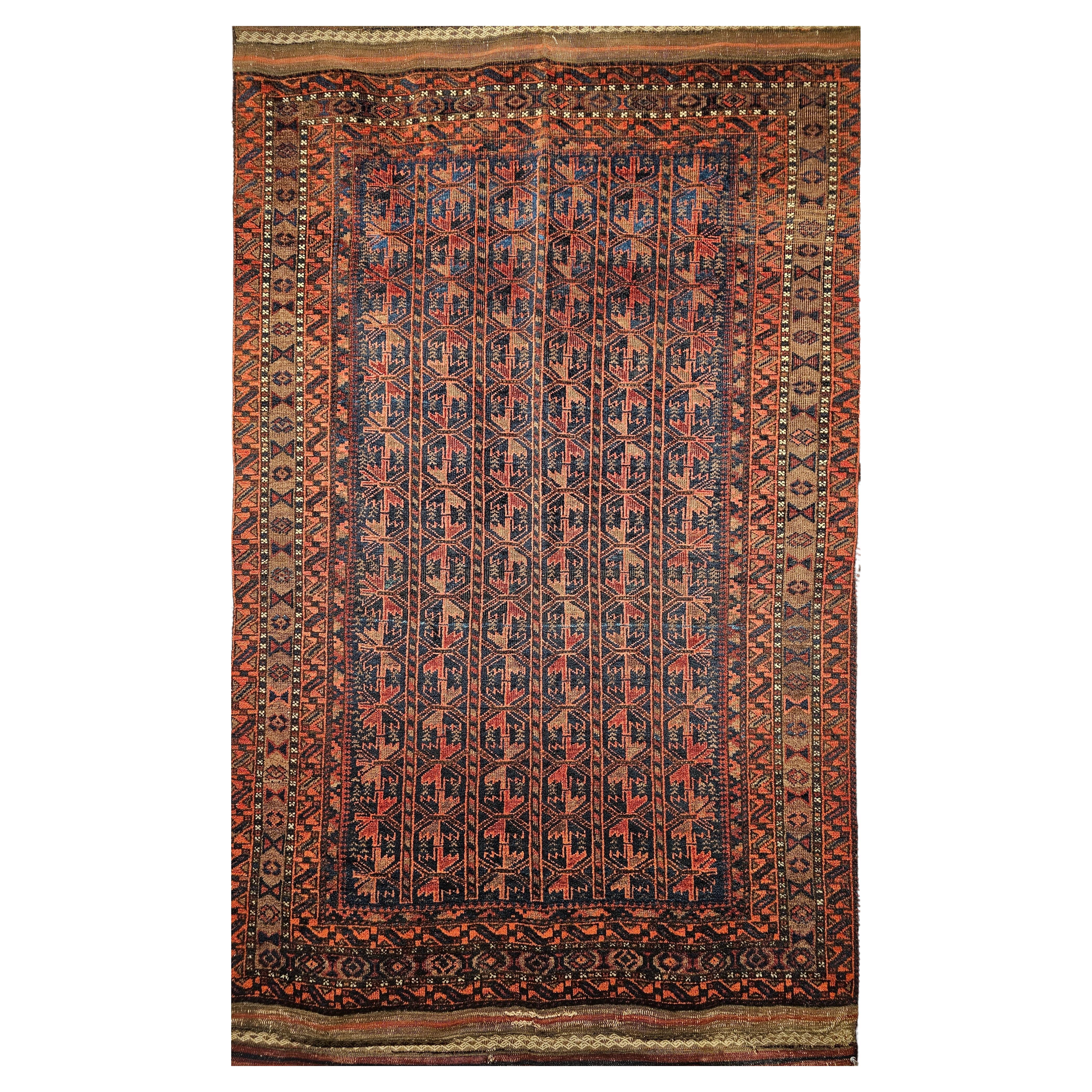 Vintage Baluch Tribal Area Rug in Allover Geometric Pattern in Navy Blue, Brown For Sale