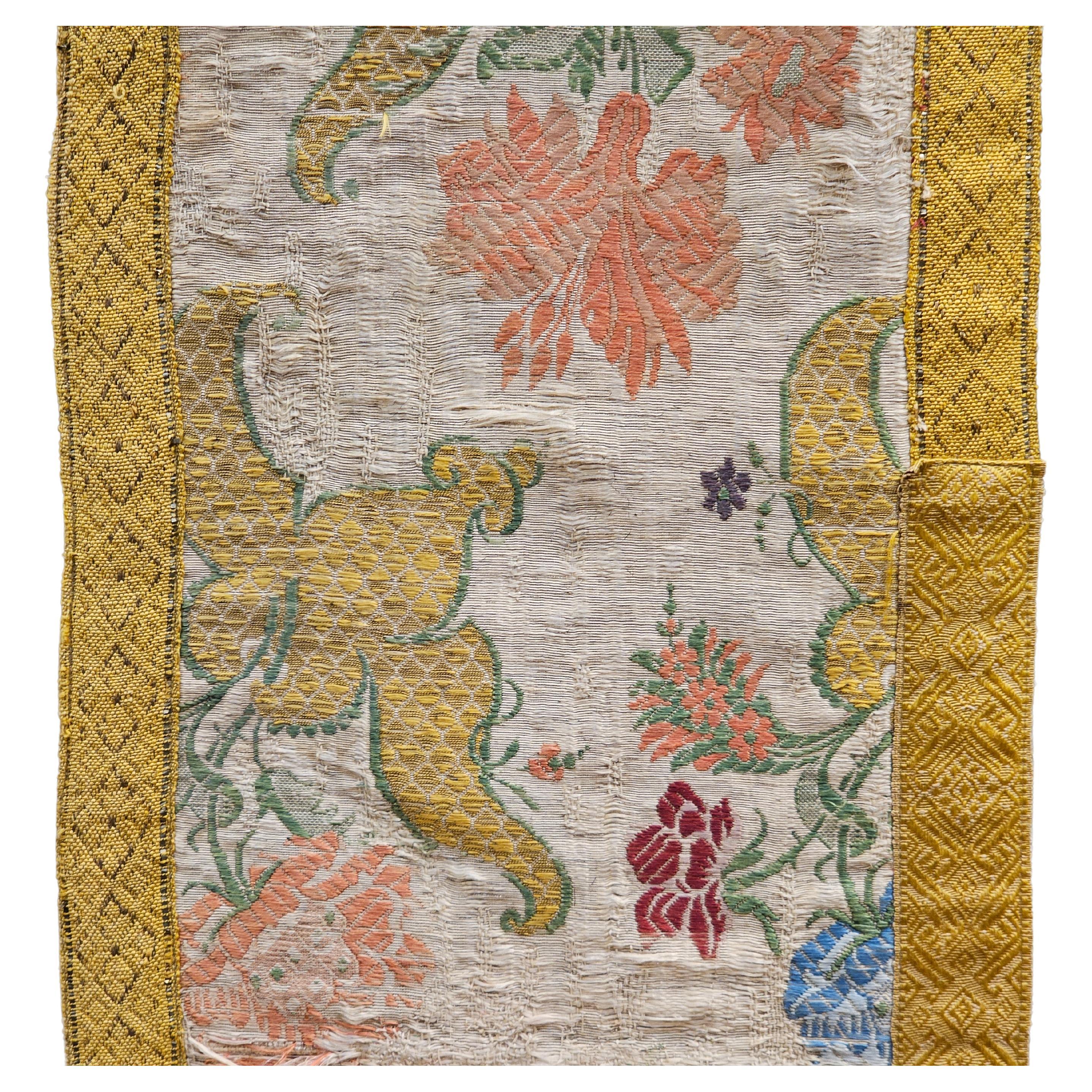 18th Century European Hand Embroidered Silk and Gilt Threads Textile Panel