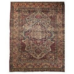 19th-Century Persian Kerman Lavar Area Rug in Floral Design in Ivory, Red, Blue