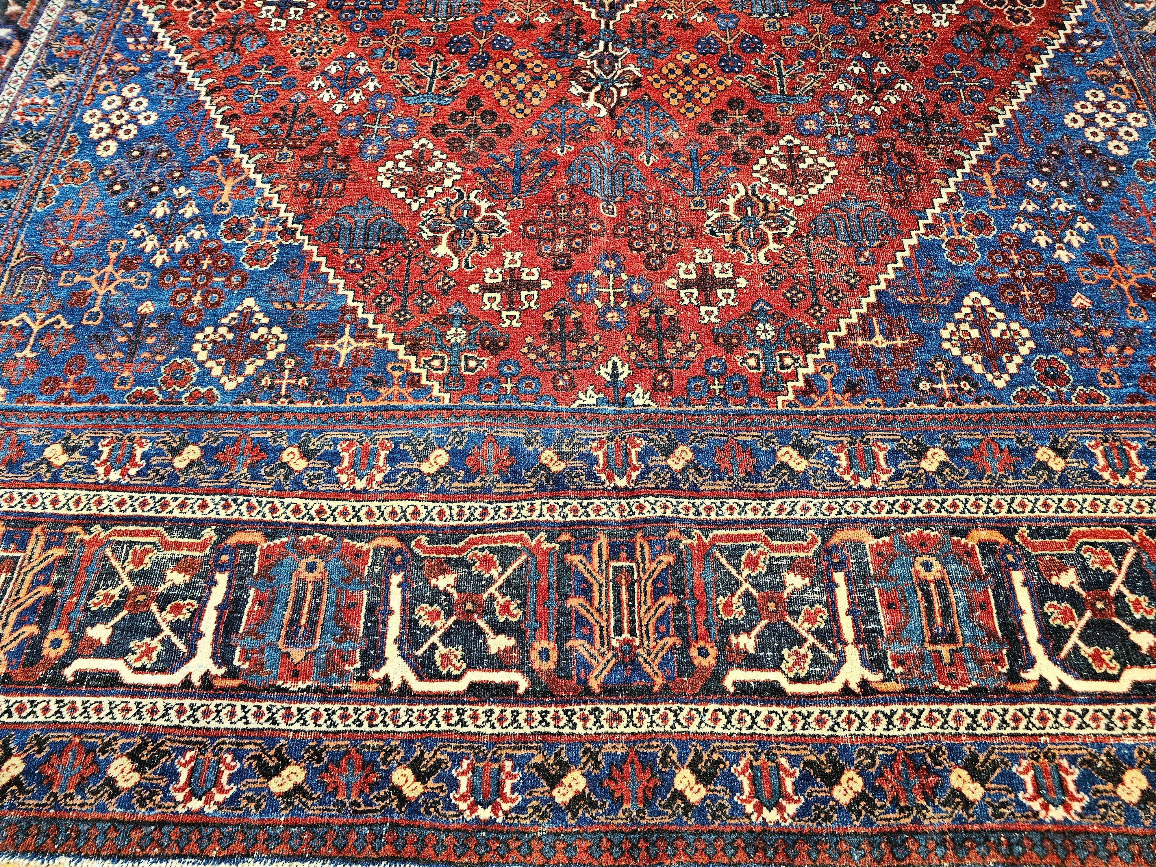 Vintage Persian Joshegan Rug in a Geometric Pattern in Rust Red, French Blue For Sale 1