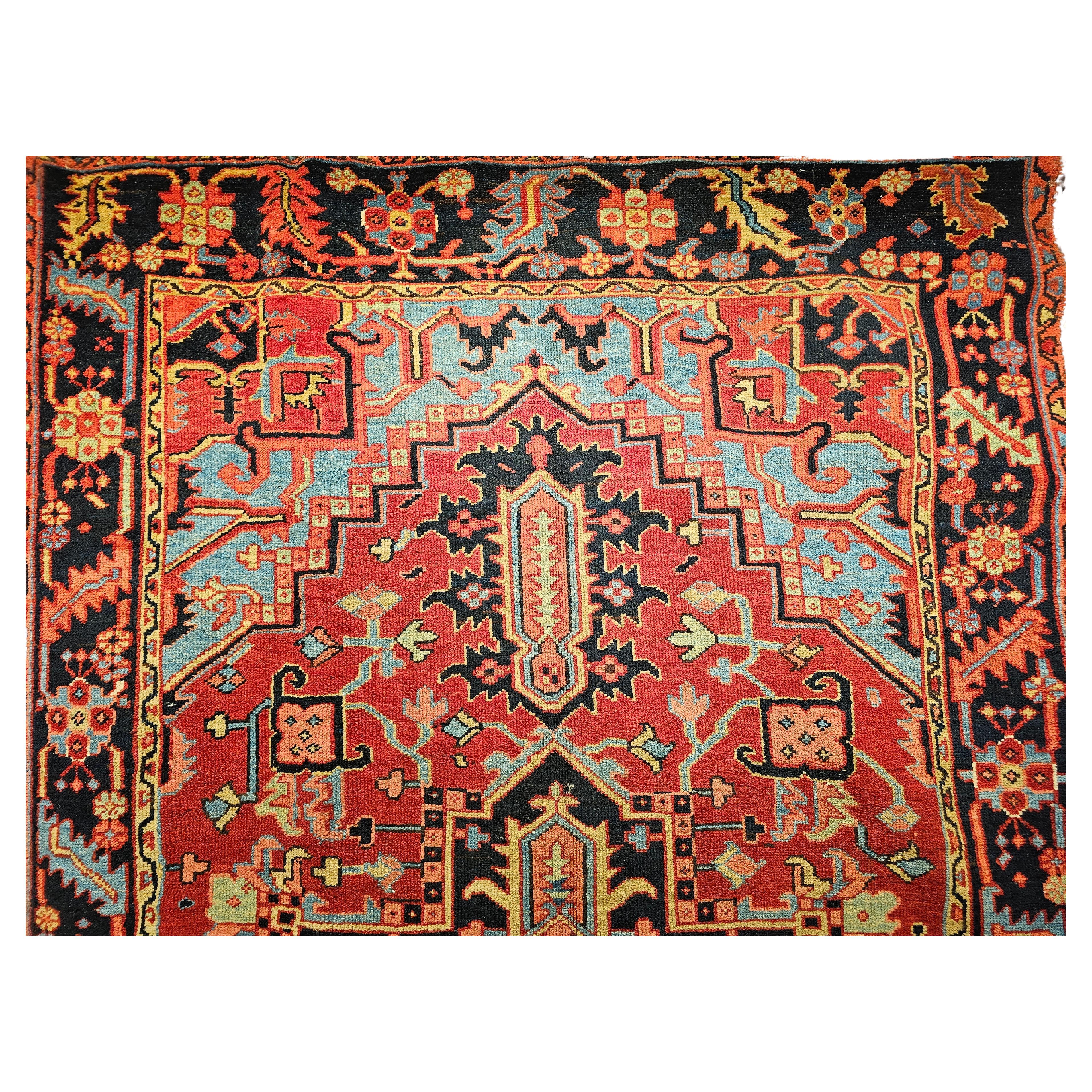 Vegetable Dyed 19th Century Persian Heriz Serapi in Turquoise, Navy, Yellow, Blue, Pink, Rust For Sale