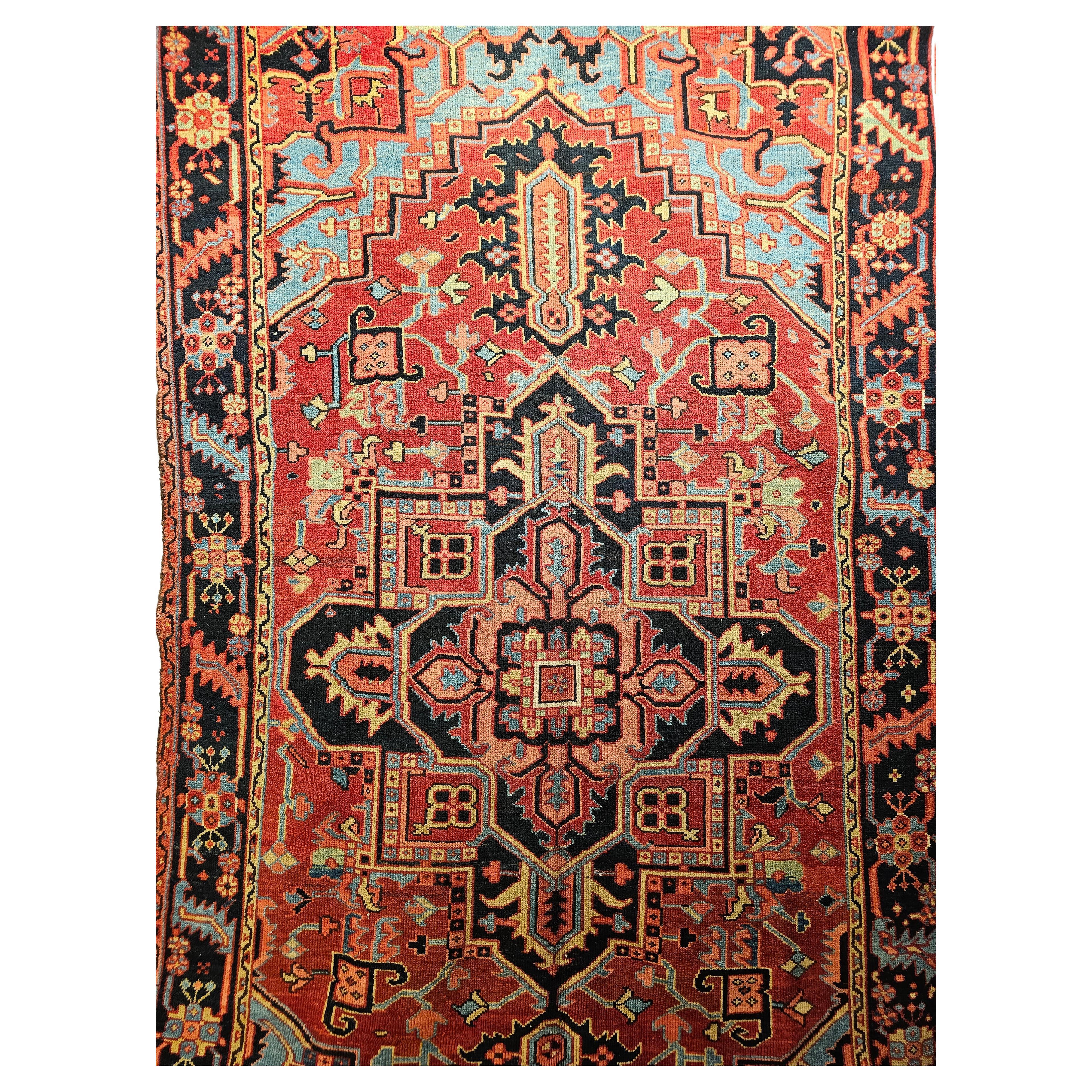 19th Century Persian Heriz Serapi in Turquoise, Navy, Yellow, Blue, Pink, Rust