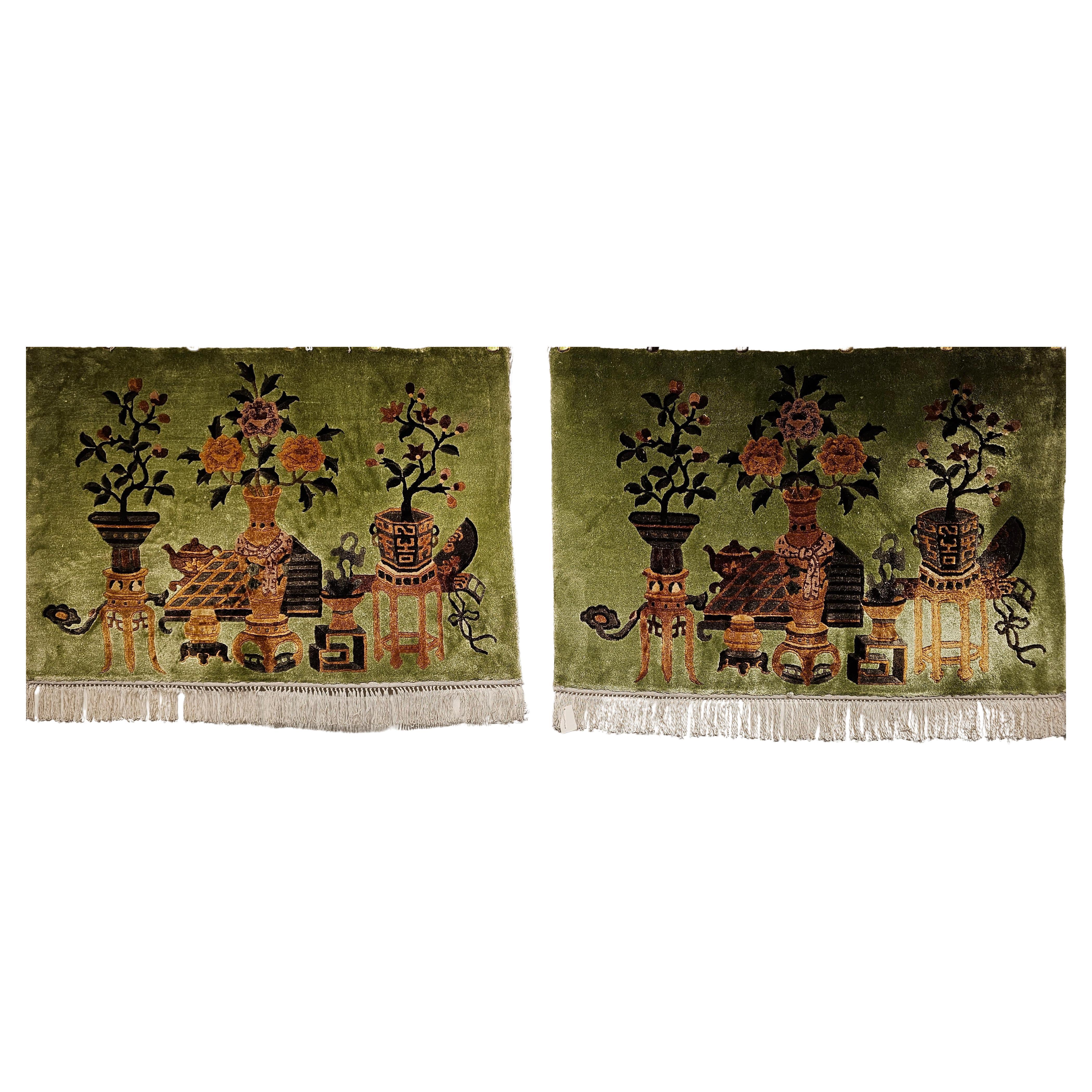 Pair of Vintage Chinese Art Deco Partial Silk Pictorial Rugs in Vase Pattern For Sale