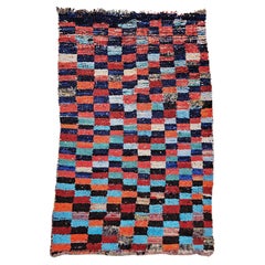 Used Handwoven Moroccan Boucherouite Shag Rug in Checkered Pattern in Blue