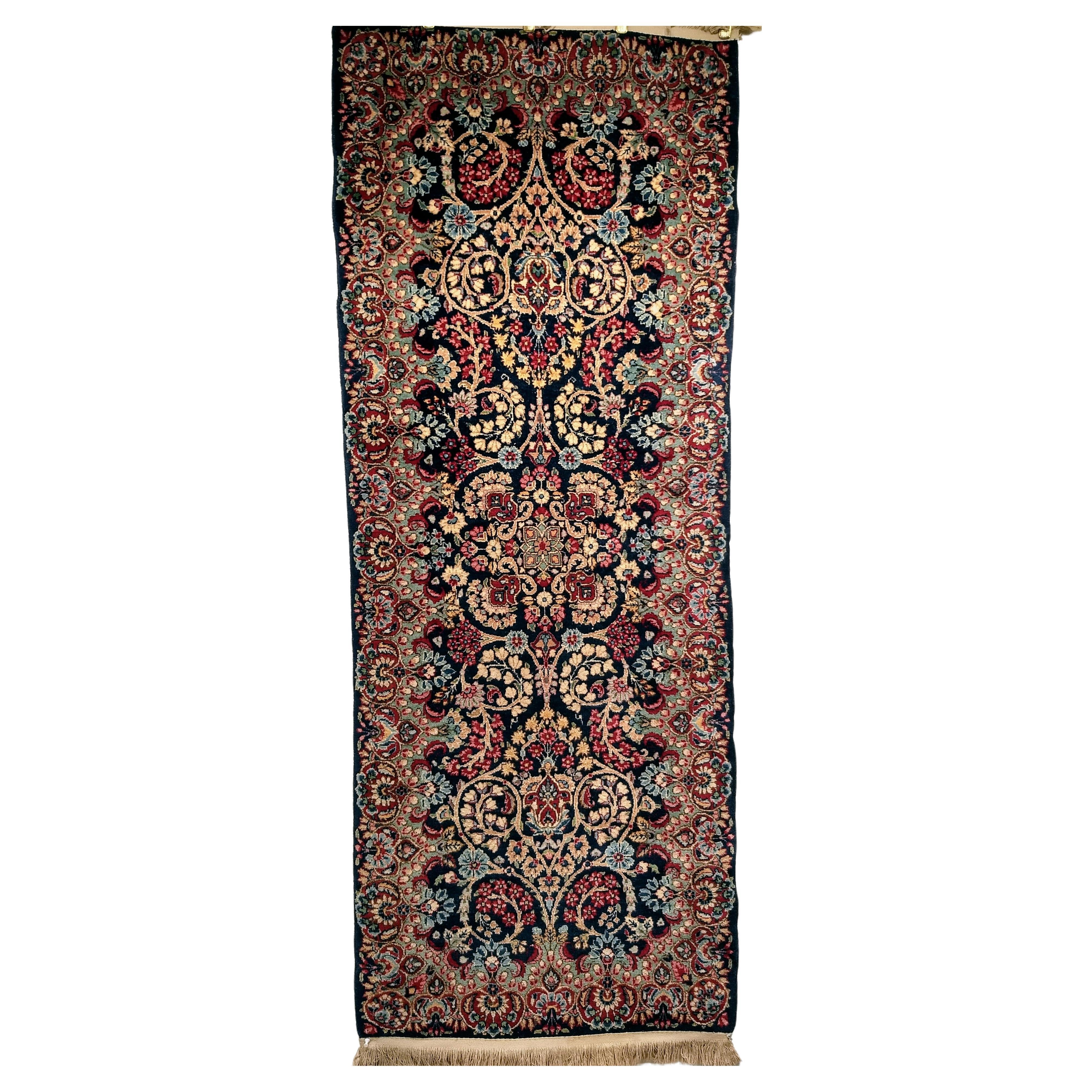 Vintage Persian Kerman Runner in All-Over Floral Pattern in Blue, Green, Red For Sale
