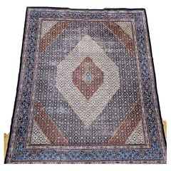 Alfombra Persa Tabriz Vintage con Diseño Geométrico en Marfil, Azul Marino y Azul