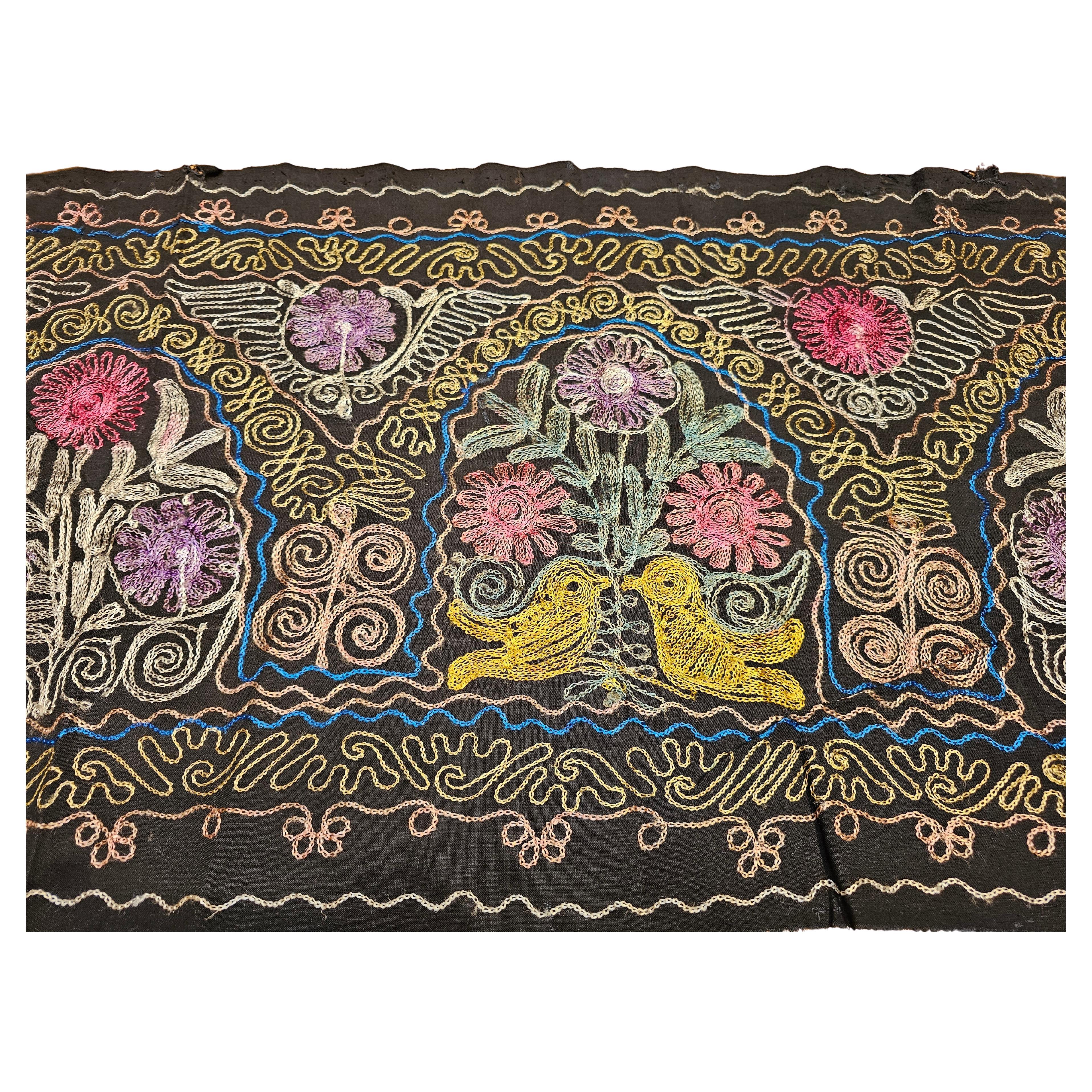 Vintage Uzbek Suzani Silk Embroidery in Black, Blue, Purple, Yellow, Red For Sale