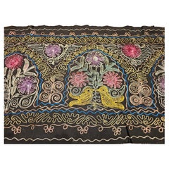 Antique Uzbek Suzani Silk Embroidery in Black, Blue, Purple, Yellow, Red