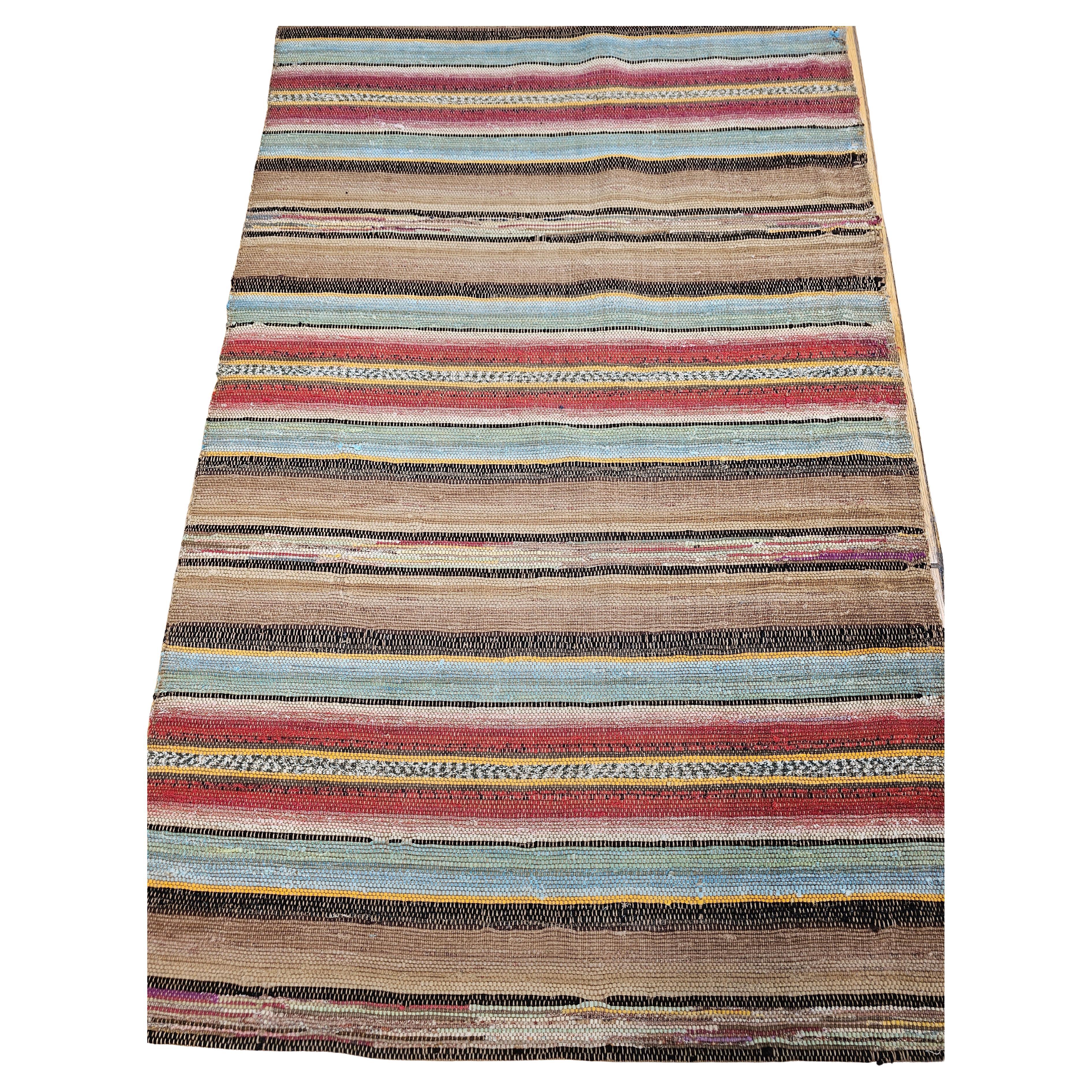 Antique American Amish Rag Runner, Handwoven Folk Art Rug, Stripe Pattern, 15ft
