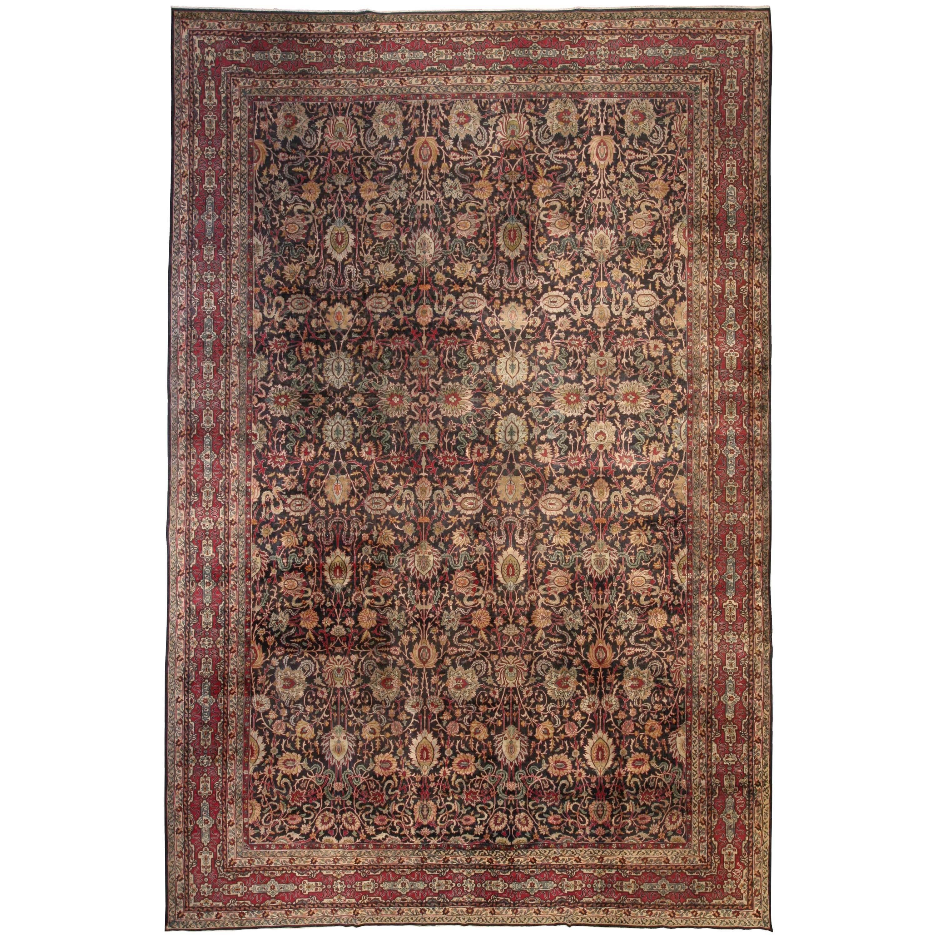 Antique Persian Kirman Botanic Handmade Wool Rug For Sale
