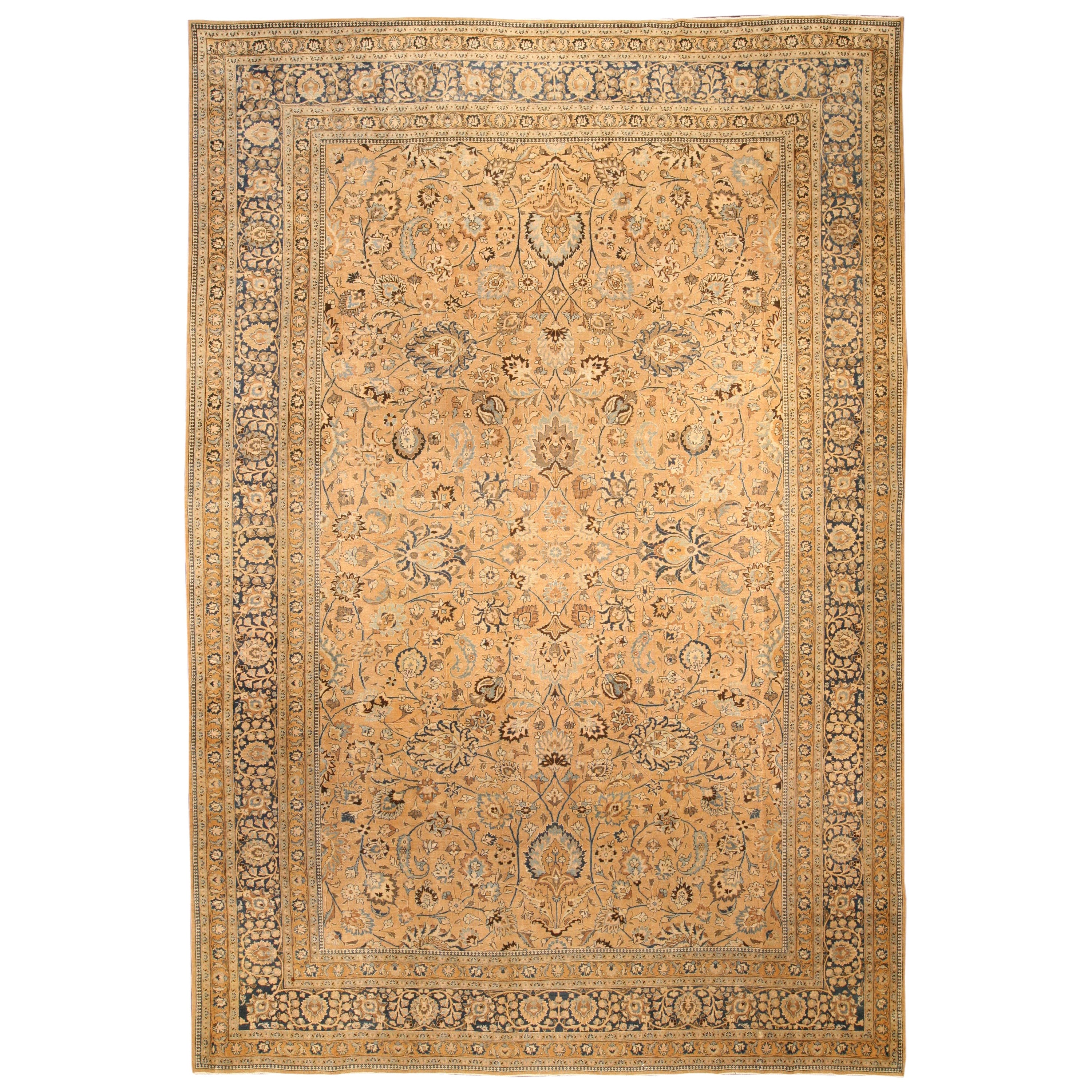 Antique Persian Tabriz Orange Handmade Wool Rug For Sale