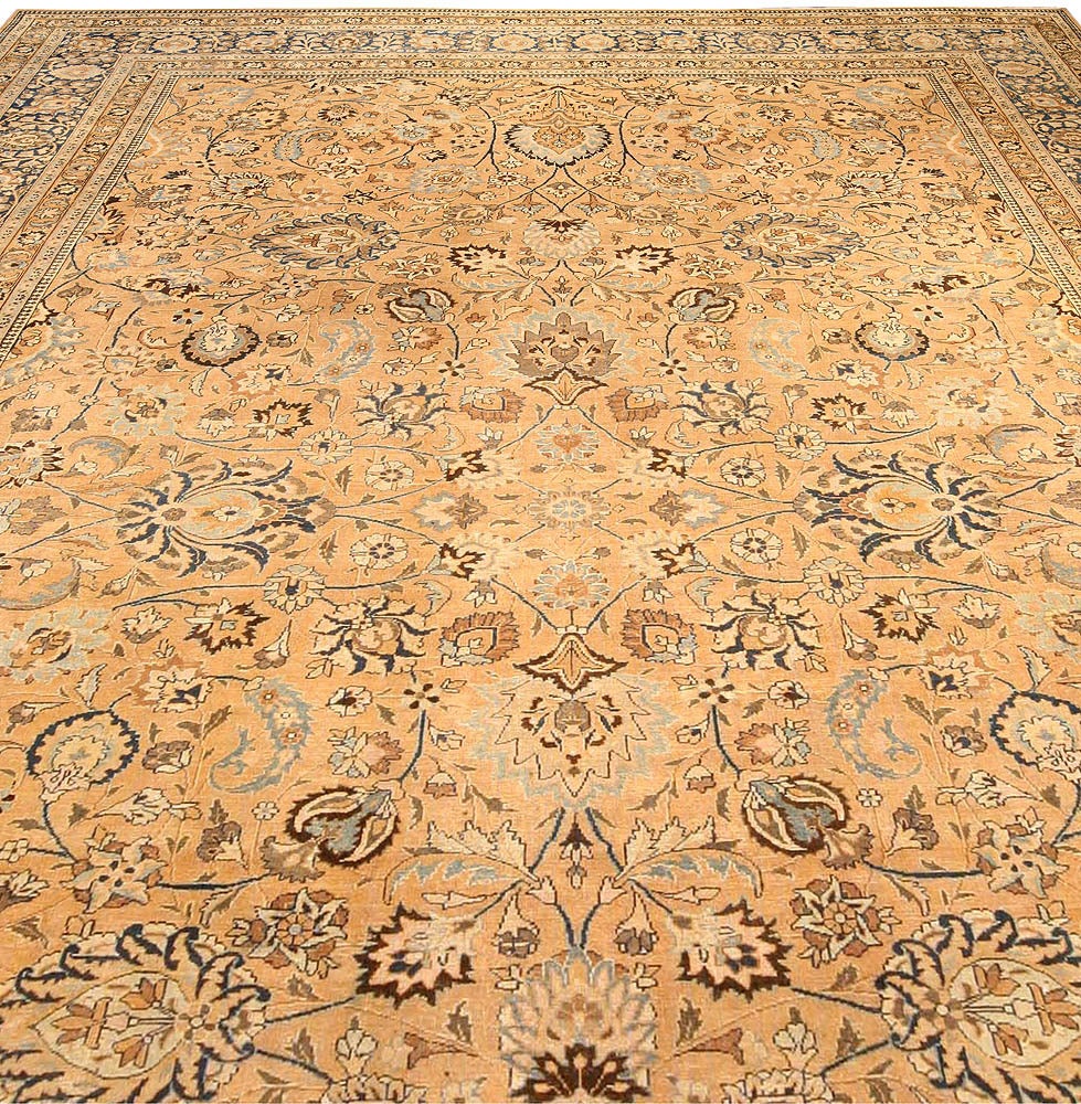 Antique Persian Tabriz Orange Handmade Wool Rug In Good Condition For Sale In New York, NY