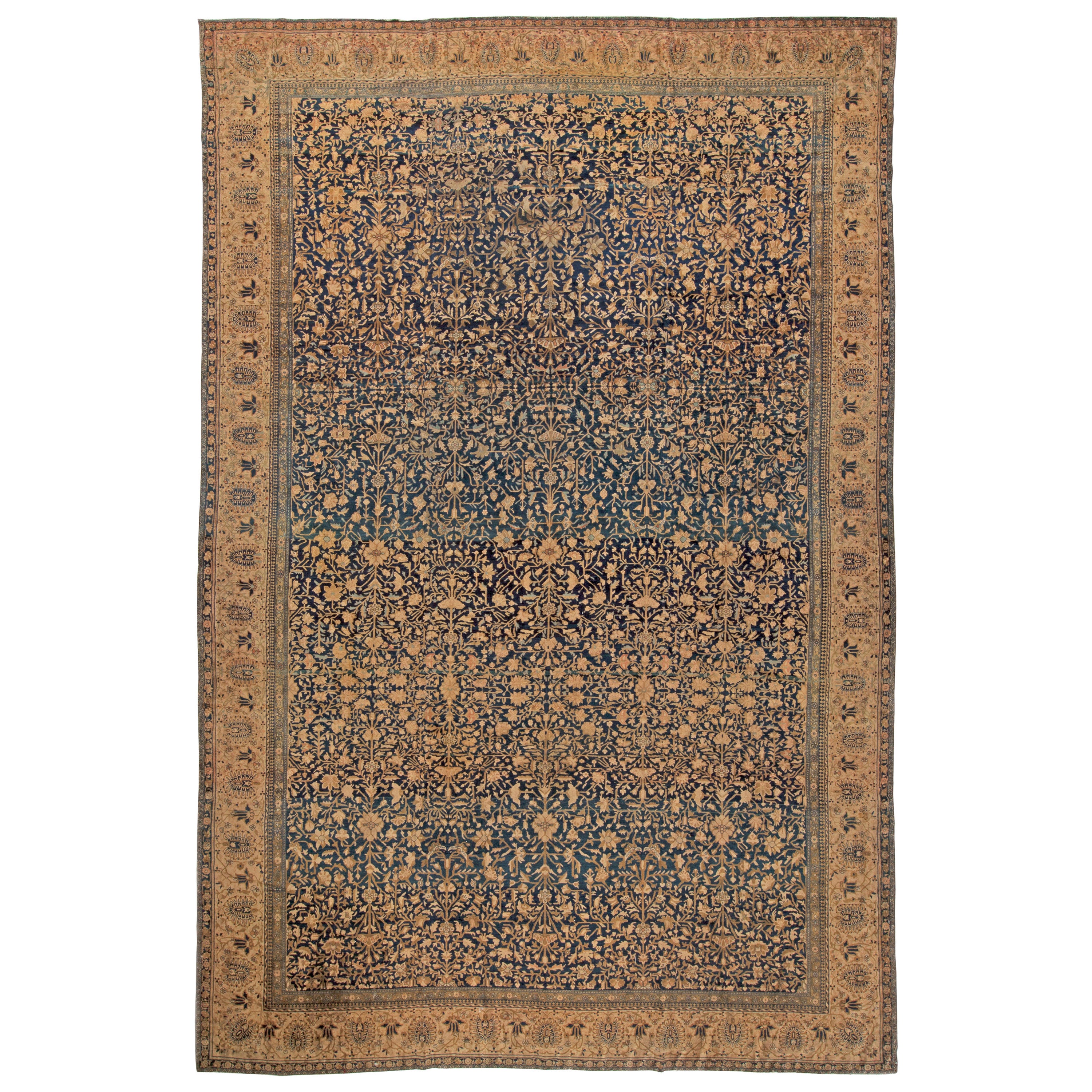 Vintage Persian Kashan Botanic Navy Brown Handmade Wool Rug by Doris Leslie Blau For Sale
