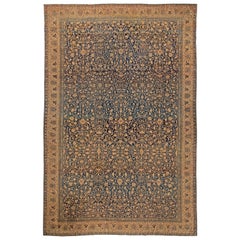 Vintage Persian Kashan Botanic Navy Blue, Brown Handmade Wool Rug