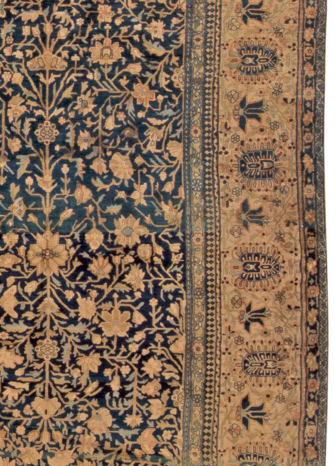 19th Century Vintage Persian Kashan Botanic Navy Brown Handmade Wool Rug by Doris Leslie Blau For Sale