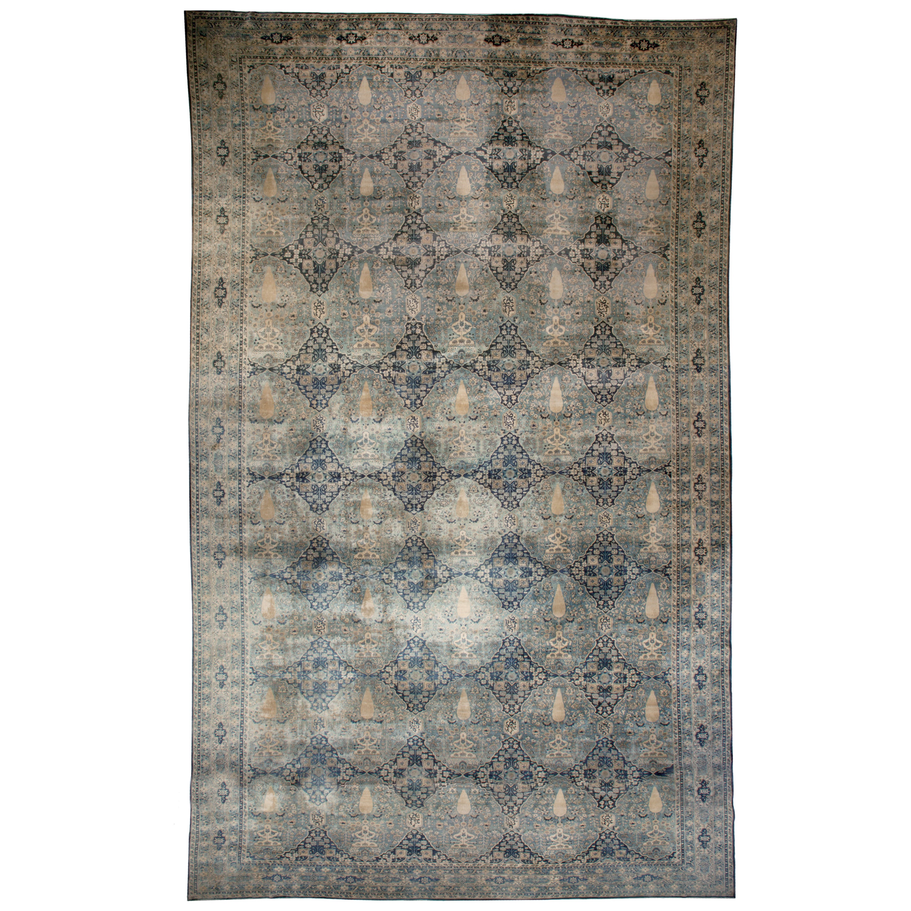 Oversized Antique Indian Botanic Handmade Wool Rug