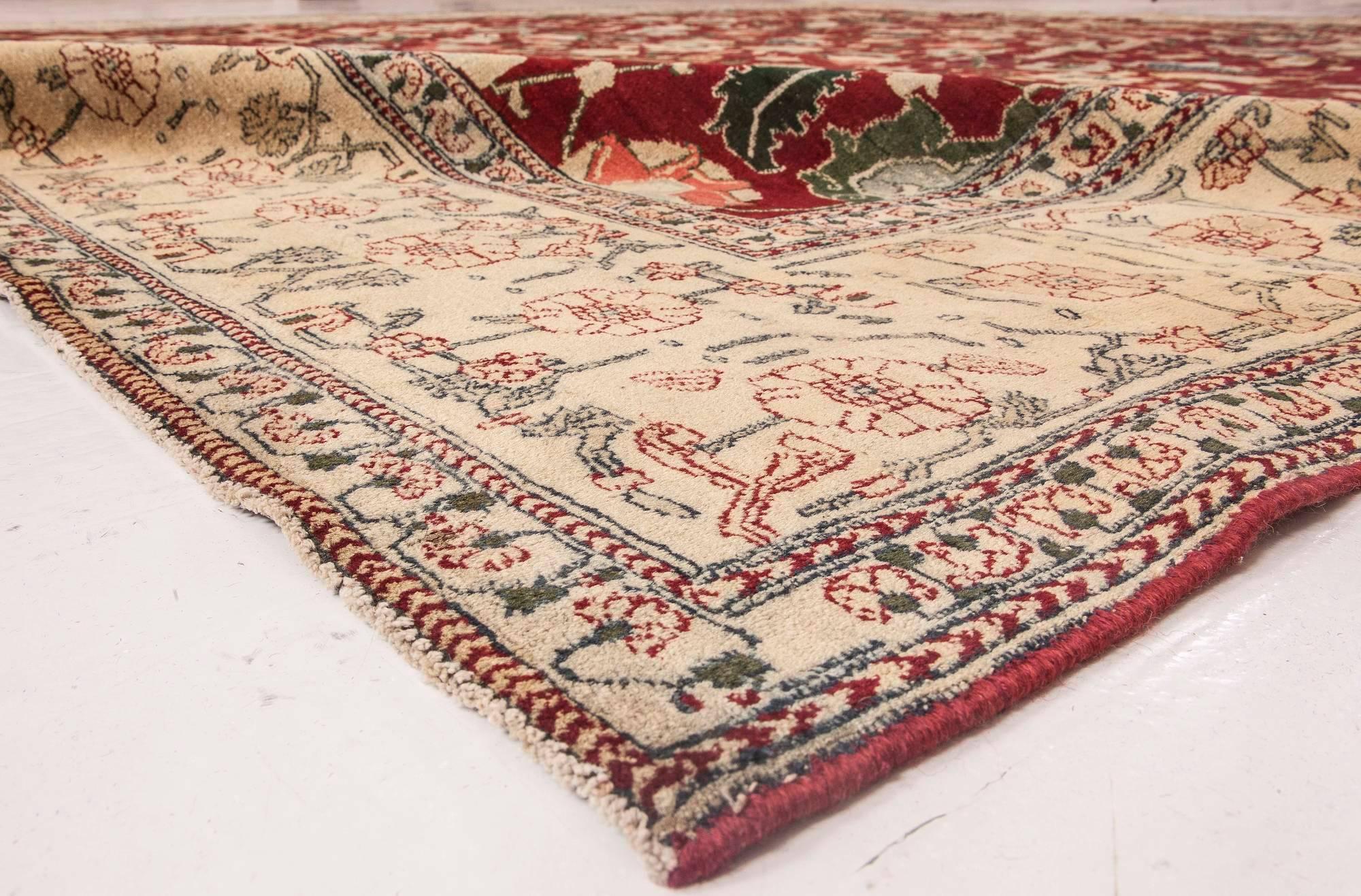 20th Century Antique Indian Agra Red Botanic Handmade Wool Rug For Sale