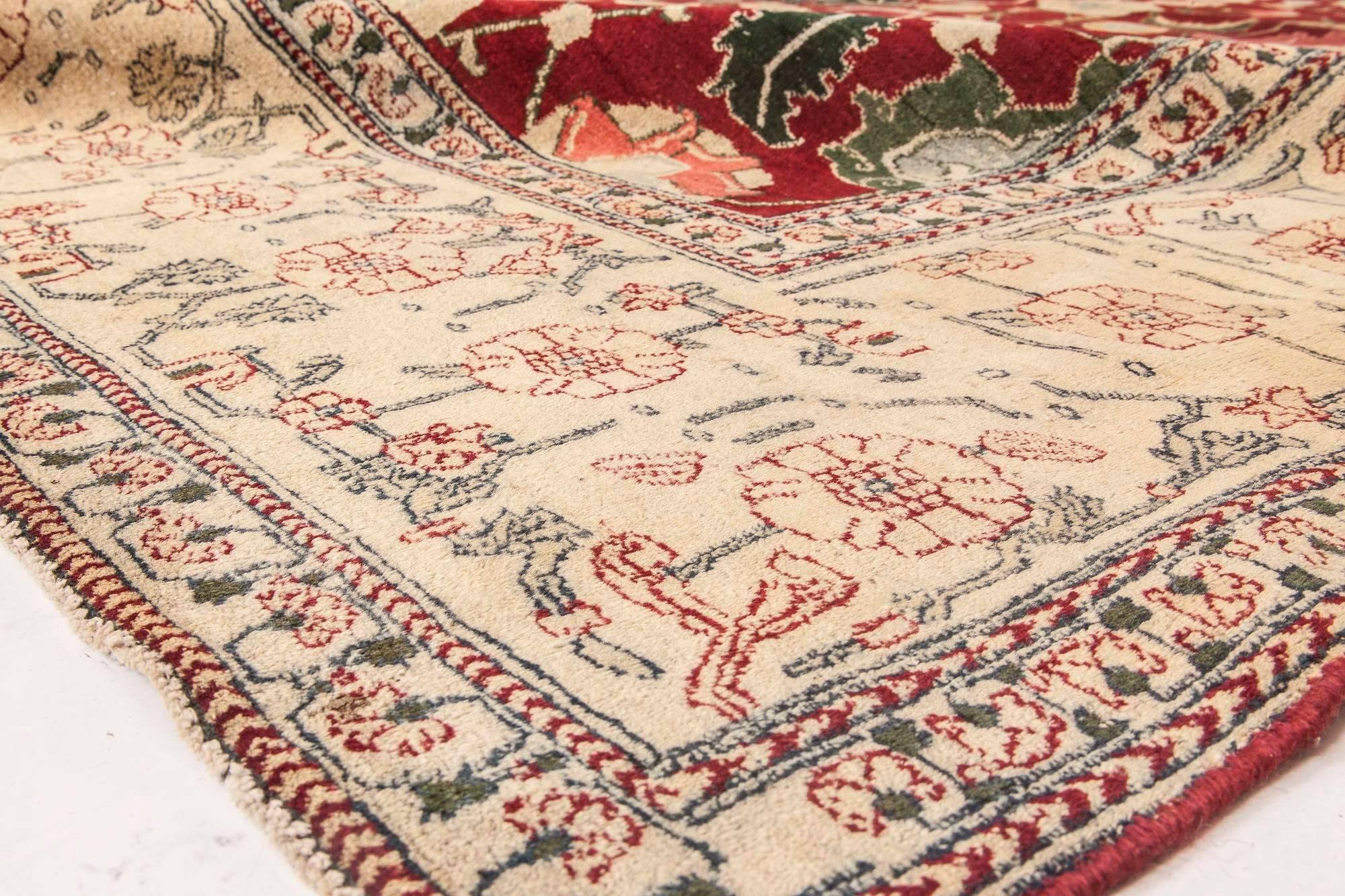 Antique Indian Agra Red Botanic Handmade Wool Rug For Sale 2