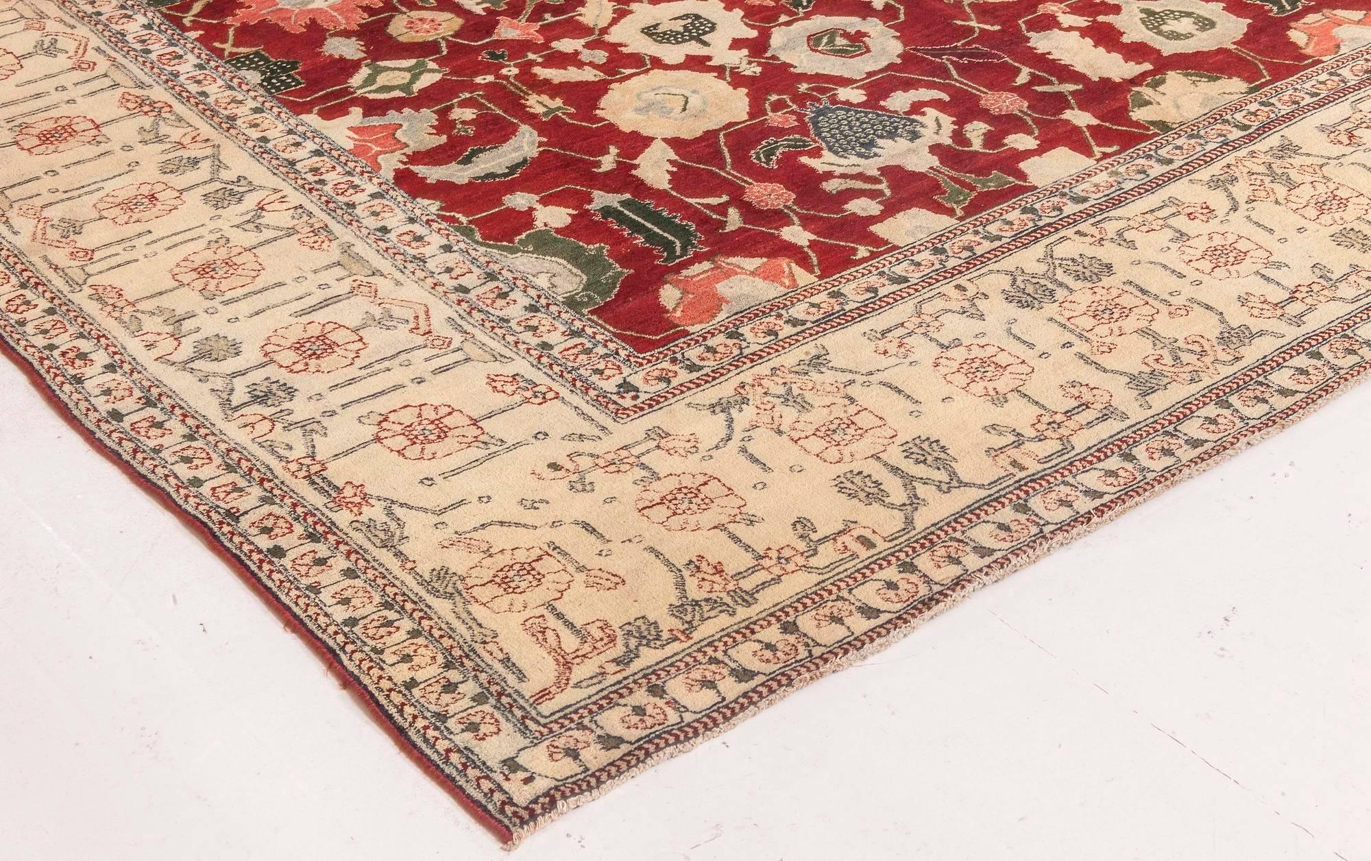 Antique Indian Agra Red Botanic Handmade Wool Rug For Sale 1