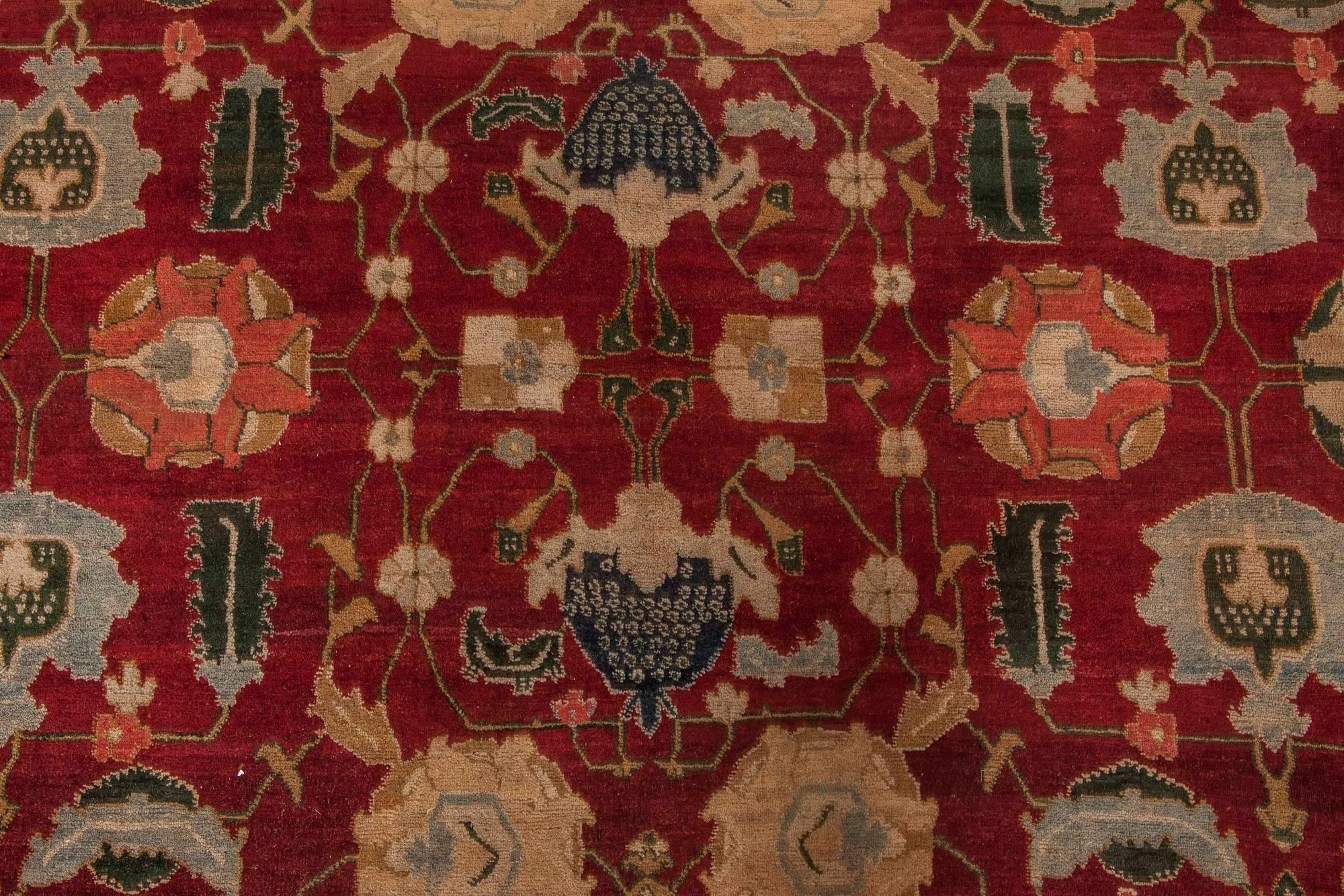 Antique Indian Agra Red Botanic Handmade Wool Rug
Size: 11'7