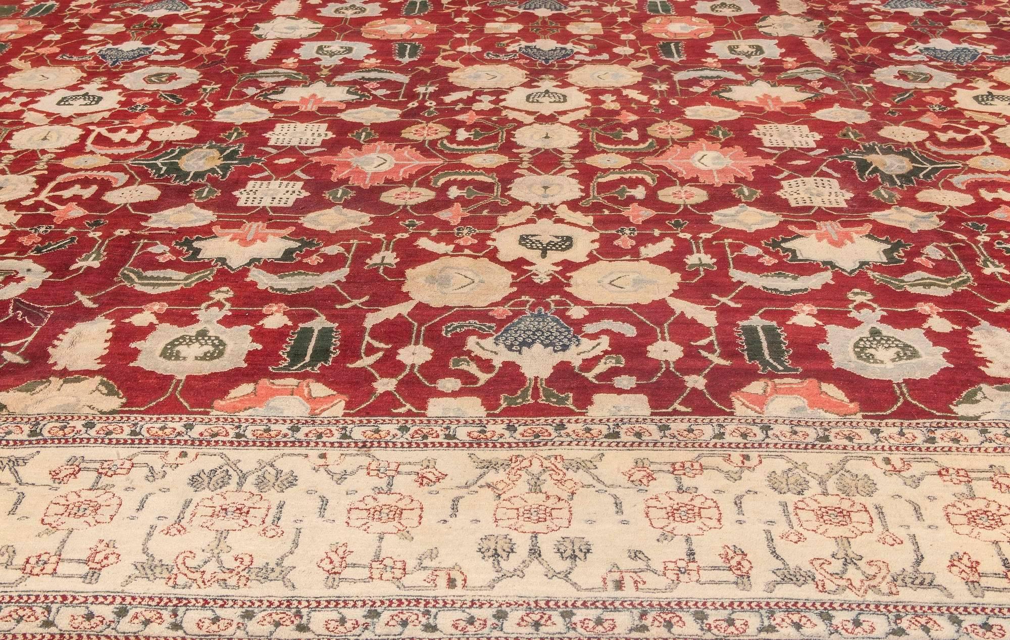 Antique Indian Agra Red Botanic Handmade Wool Rug In Good Condition For Sale In New York, NY