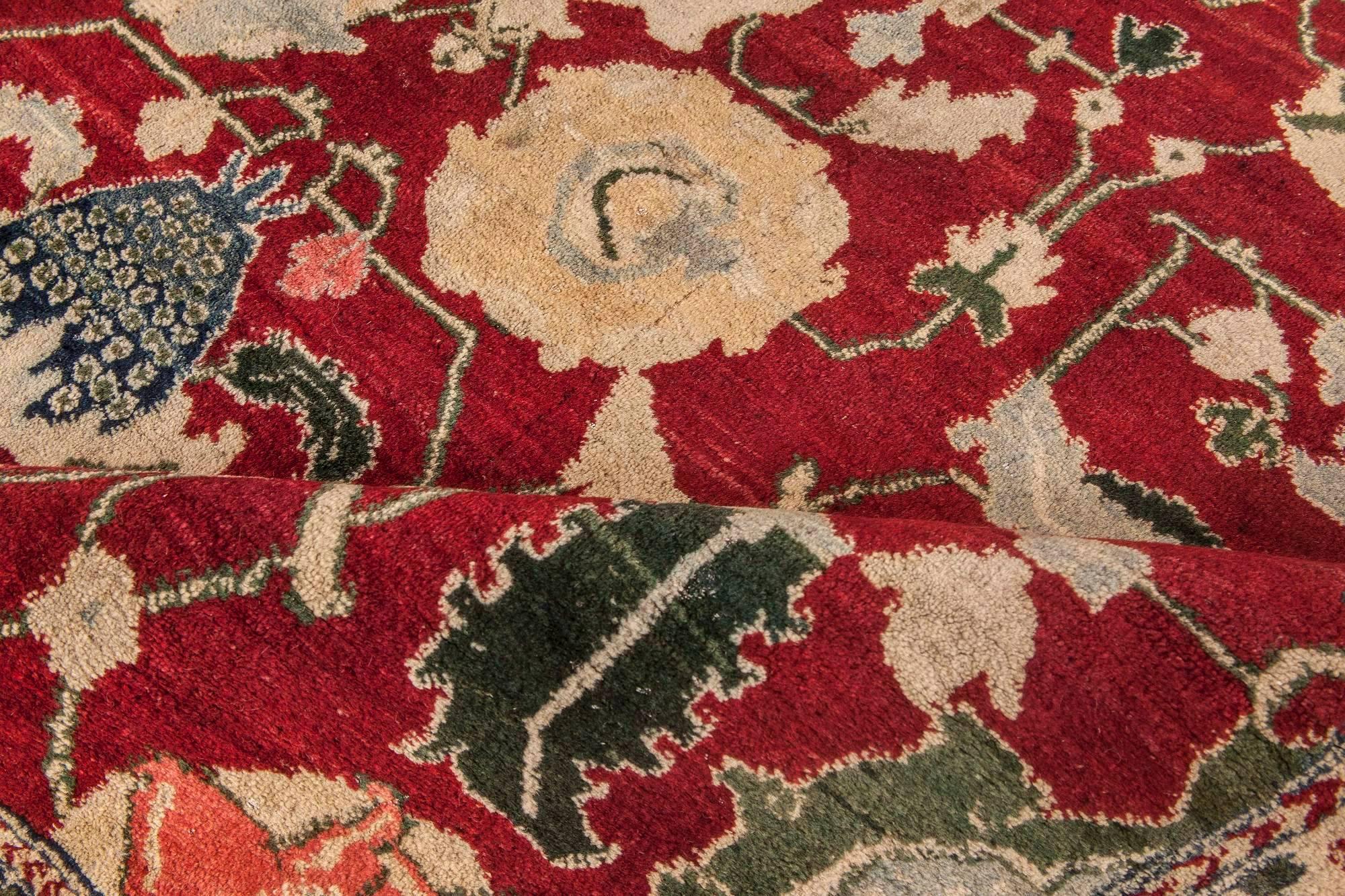 Hand-Woven Antique Indian Agra Red Botanic Handmade Wool Rug For Sale