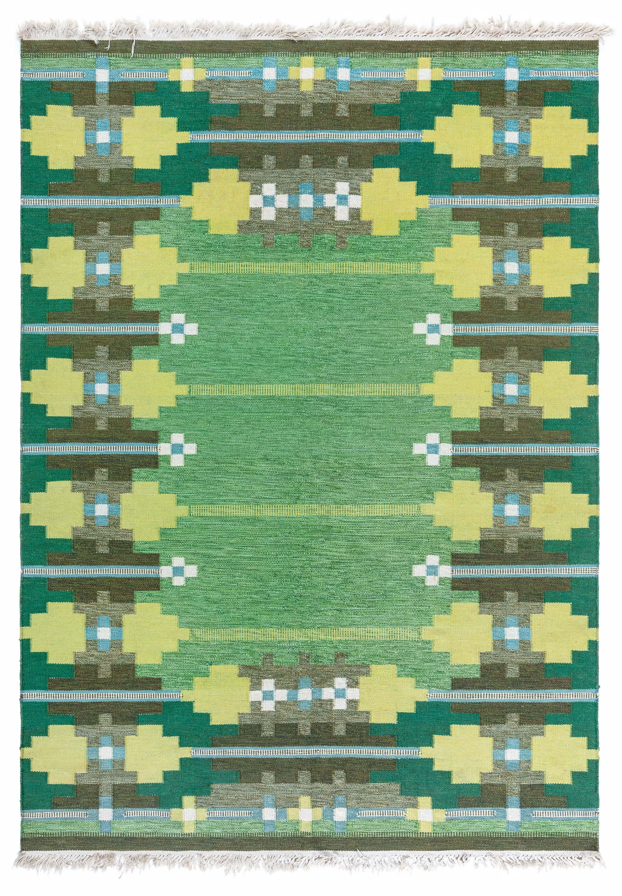 Tappeto svedese vintage Doris Leslie Blau con motivi geometrici e verde intenso
