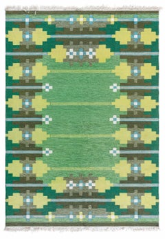 Doris Leslie Blau Vintage Swedish Rug in Lush Greens and Geometric Patterns