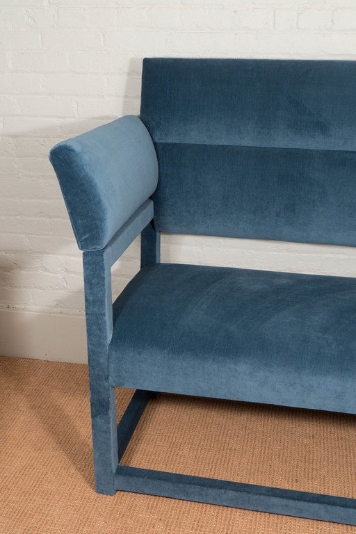 19th Century Hall Bench Upholstered in Blue Velvet with Straight Box Stretcher Base and Adjustable Wing Arms. Available with original decorative metal tacks.