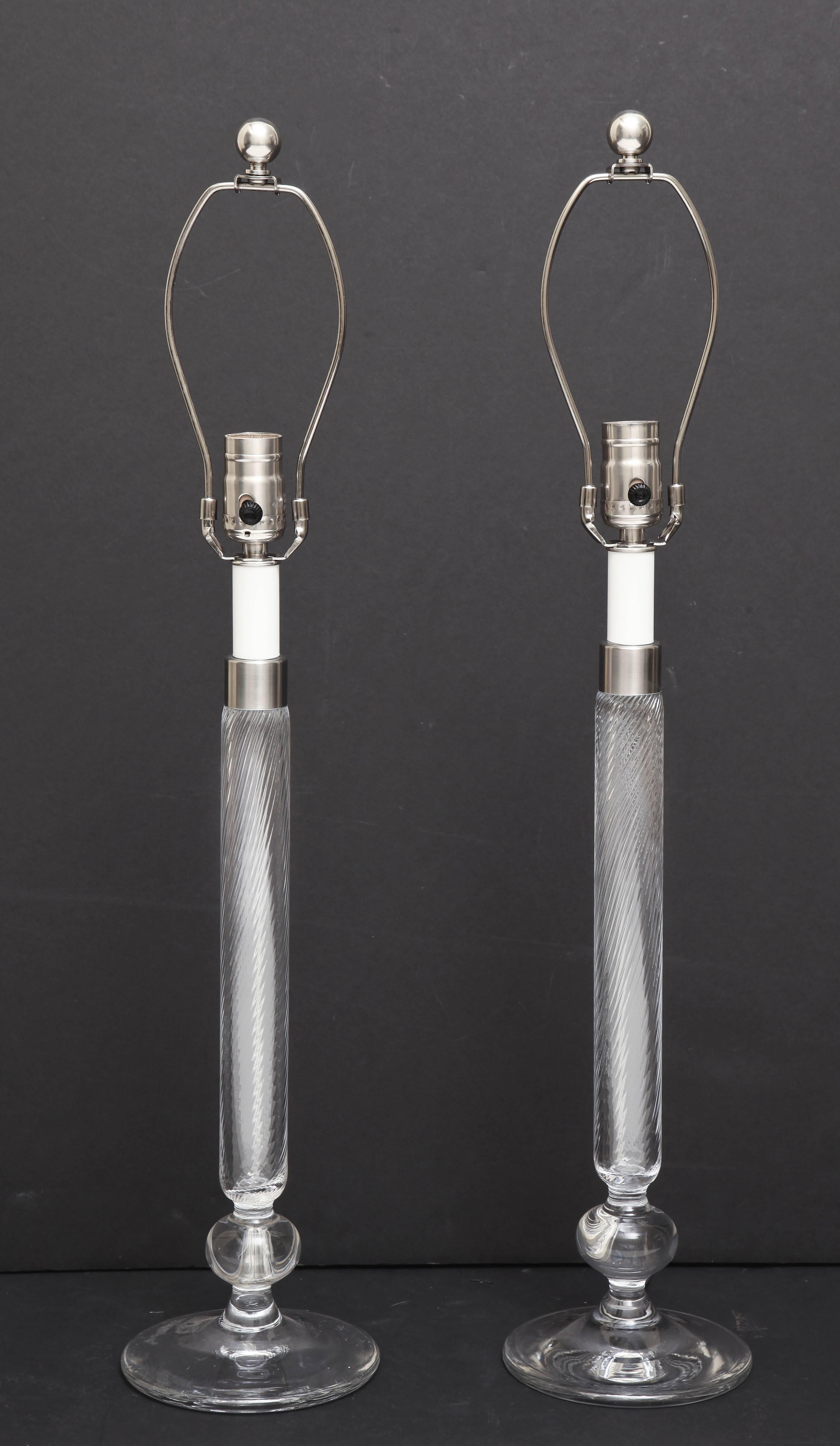 A Pair of Crystal Footed Lamps On Spheres  With A Twist Shaft And Polished Nickle Fittings.

For more information on these lamps please click on the Marvin Alexander Logo on 1st DIbs.  This will Direct You To Our Website For More Information.
