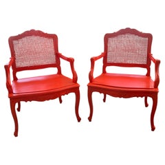 18th Century Louis XV Fauteuils in Hollywood Regency Coral- A Pair