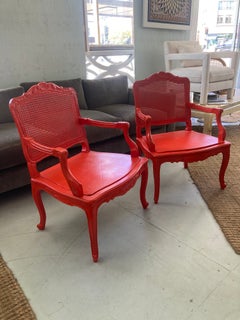 18th Century Louis XV Fauteuils in Hollywood Regency Coral- A Pair