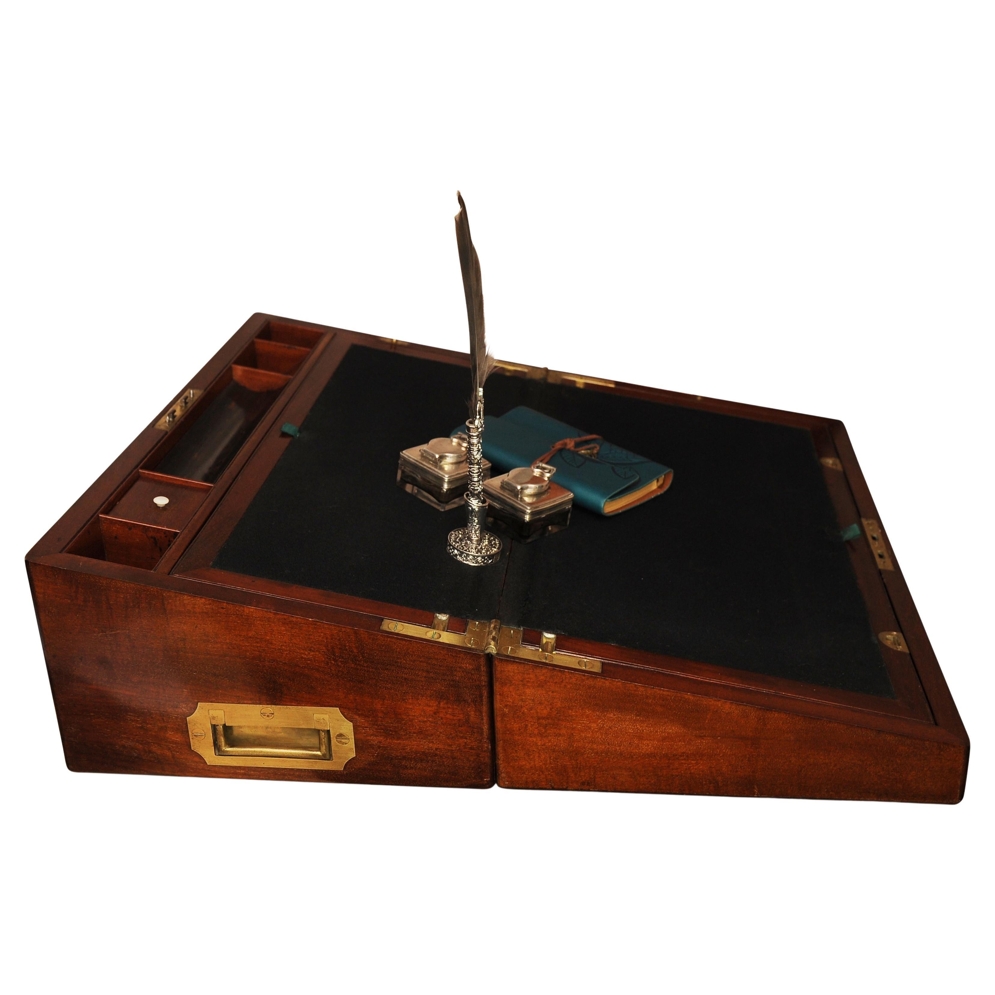 19th Century Mahogany Writing Slope Befit with a Pair of Inkwells by J J Mechi For Sale