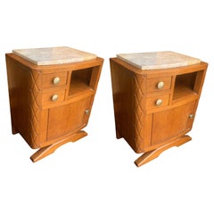 Pair of Art Deco Limed Oak, Carved Oak Marble Topped Nightstands with Two Drawer