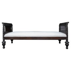 Victorian Colonial Hardwood Carved Frame Daybed with Taupe Upholstery, 1800s