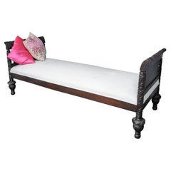 Victorian Colonial Hardwood Carved Frame Daybed with Taupe Upholstery, 1800s