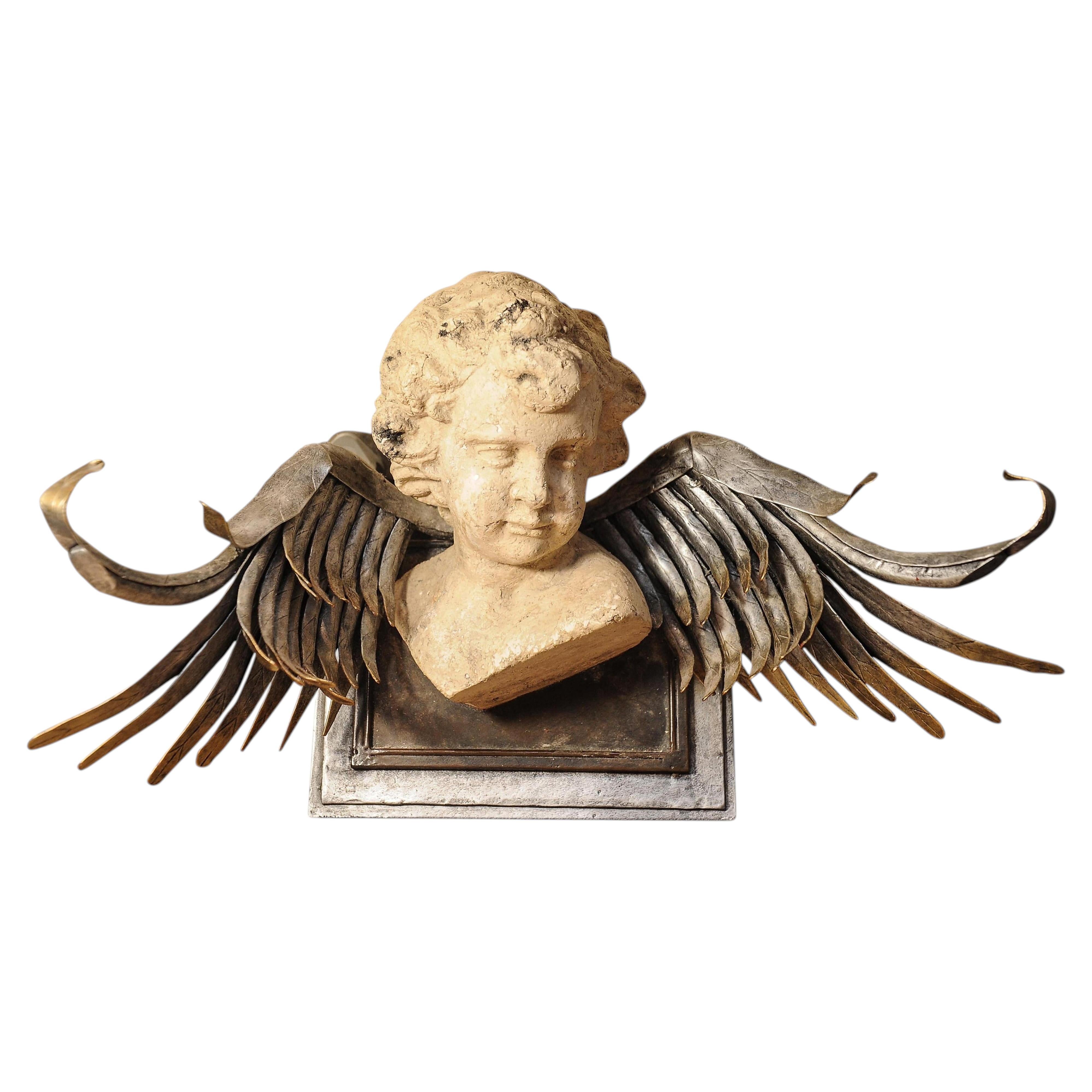 Neoclassical Contemporary Design Wall Mounted Stone Cherub, Angel Sculpture For Sale
