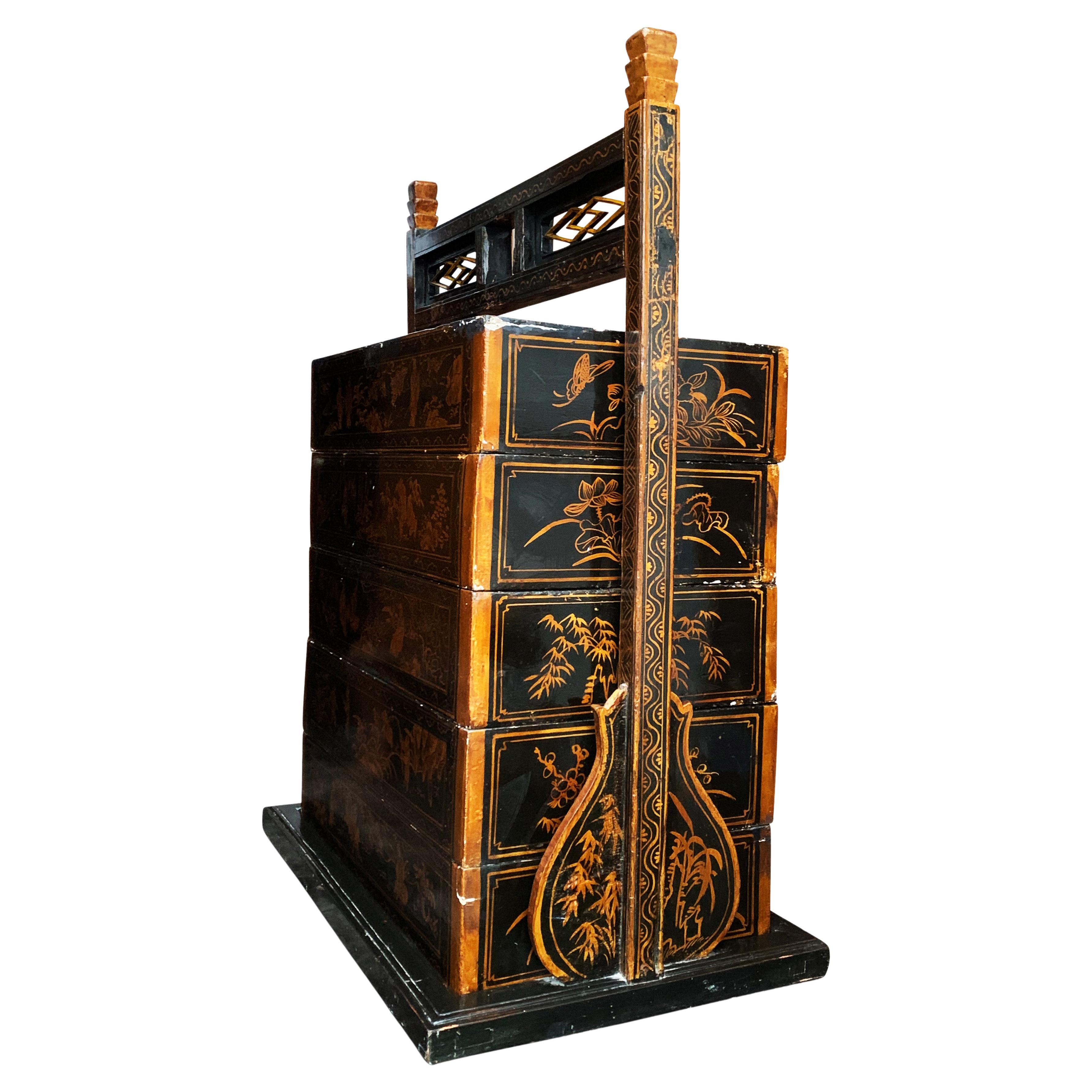 19th Century Chinese Black Lacquered Five Section Stacking Chest For Sale