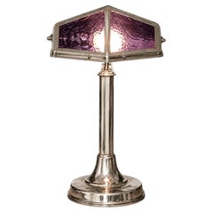 Antique French Art Deco Chrome Table Lamp With Inlaid Glass Panels