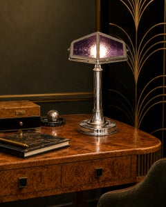 Antique French Art Deco Chrome Table Lamp With Inlaid Glass Panels