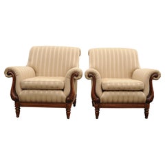 Antique Pair of William IV Empire Design Library Armchairs Striped Cream Silk Upholstery