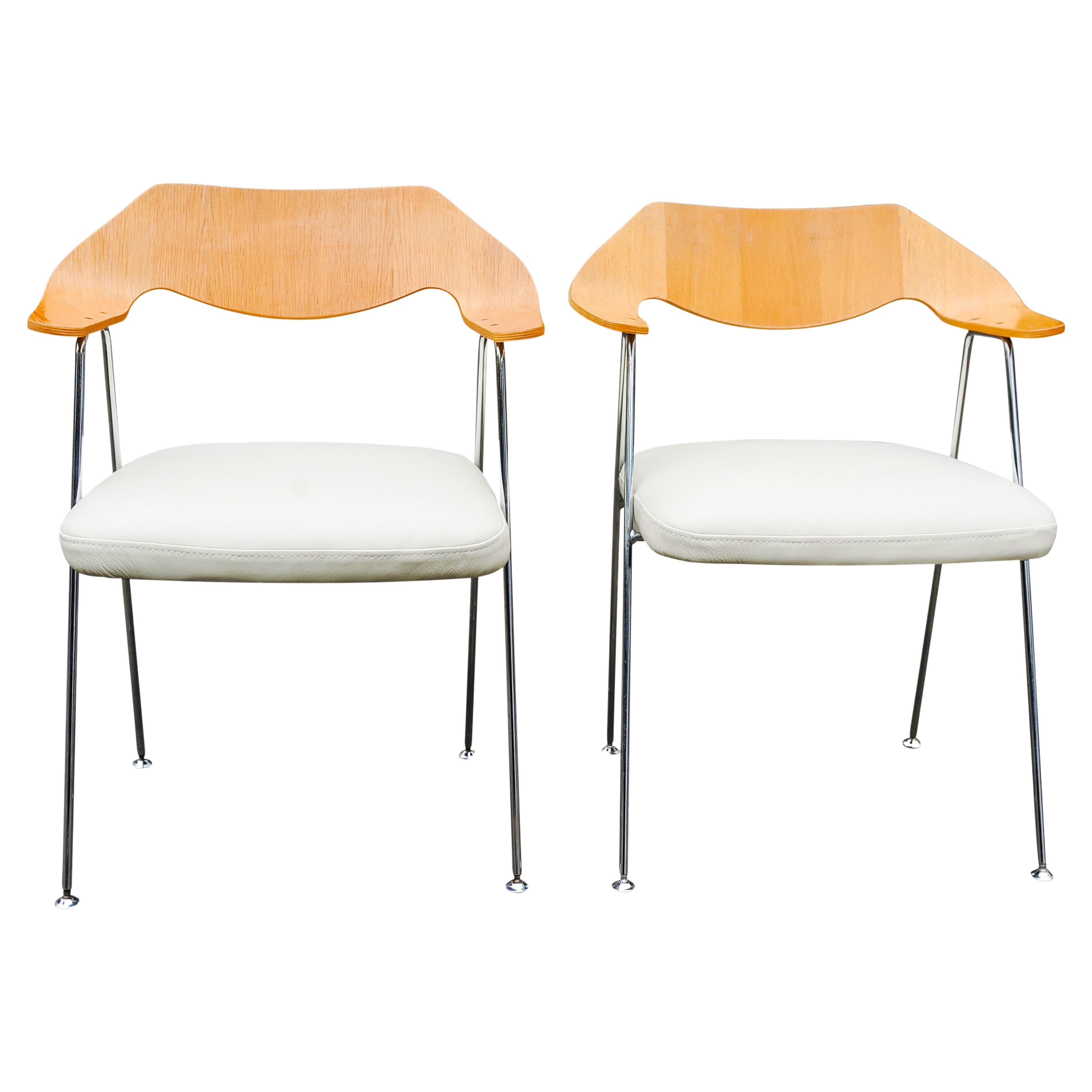 Pair of Robin Day Hille Chair Bent Oak Plywood & Chrome with White Leather Seats