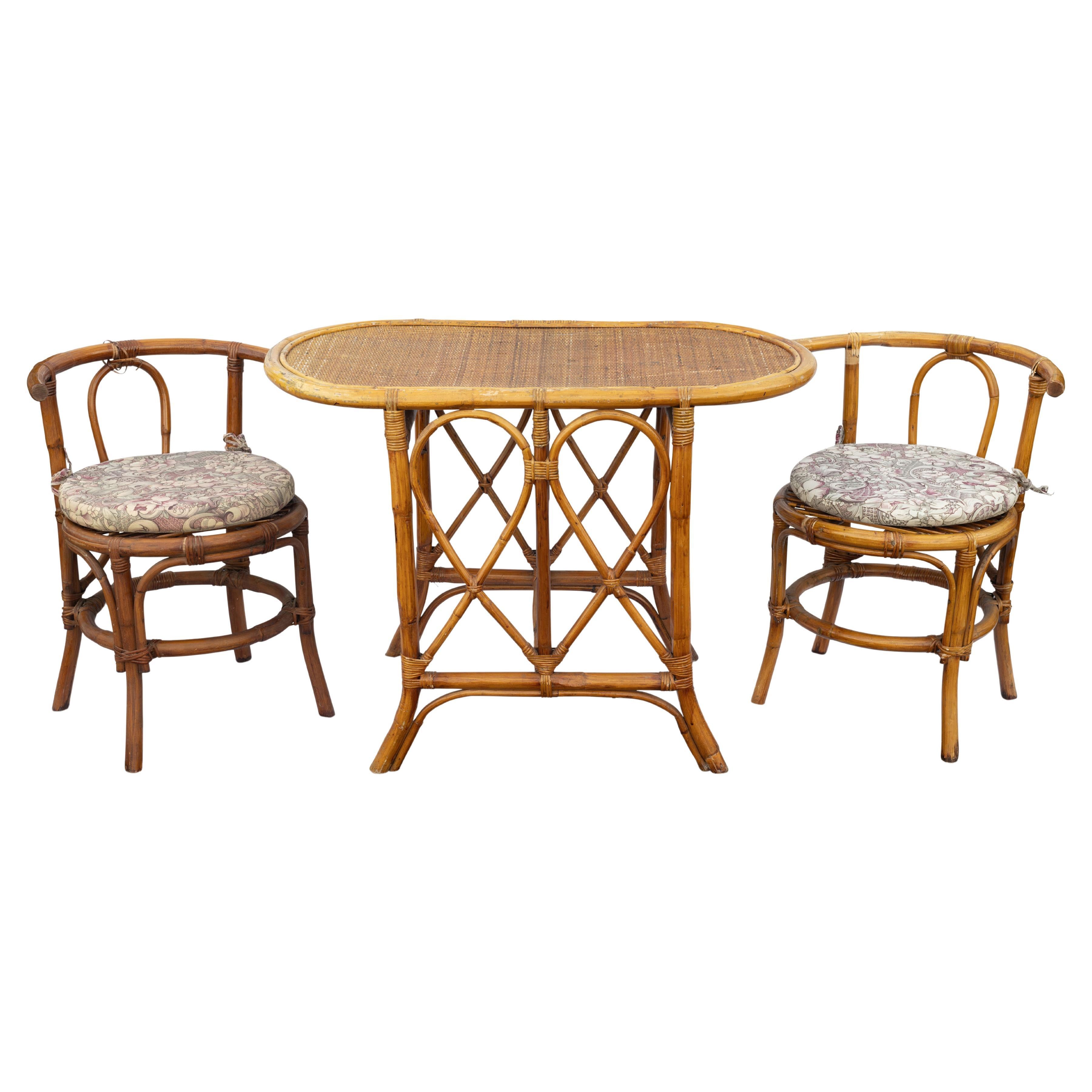Bohemian Curved Bamboo & Cane Three Piece Dining Set from Italy, 1950s For Sale