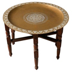 Hand-Crafted 19th Century Hardwood Tea Table Decorated With Etched Brass Tray